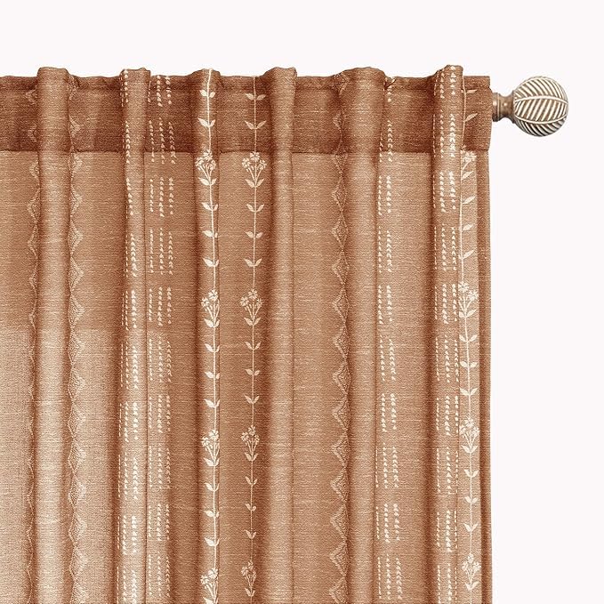 Neutral Farmhouse Curtains for Living Room 84 Inches Long,Taupe Cream Boho Light Filtering Sheer Patterned Modern Beautiful Linen Curtains with Floral Pattern Design Dining Room 84 Length 2 Panels Set