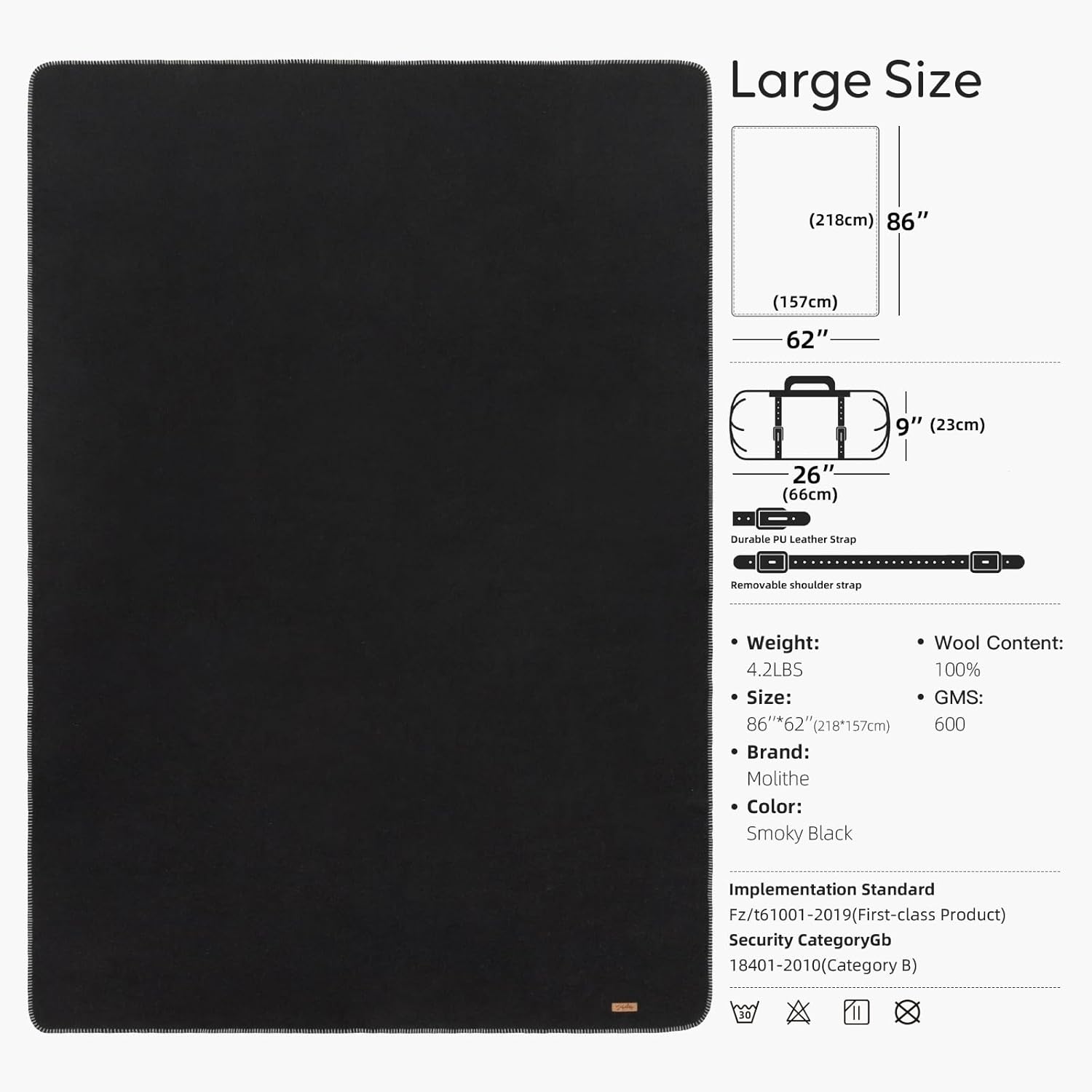 Molithe 100% Wool Blanket, 62" x 86", Warm, Thick, Washable, Military Wool Blanket, Great for Camping, Outdoors, Sporting Events, Survival Kits,Carbon Black