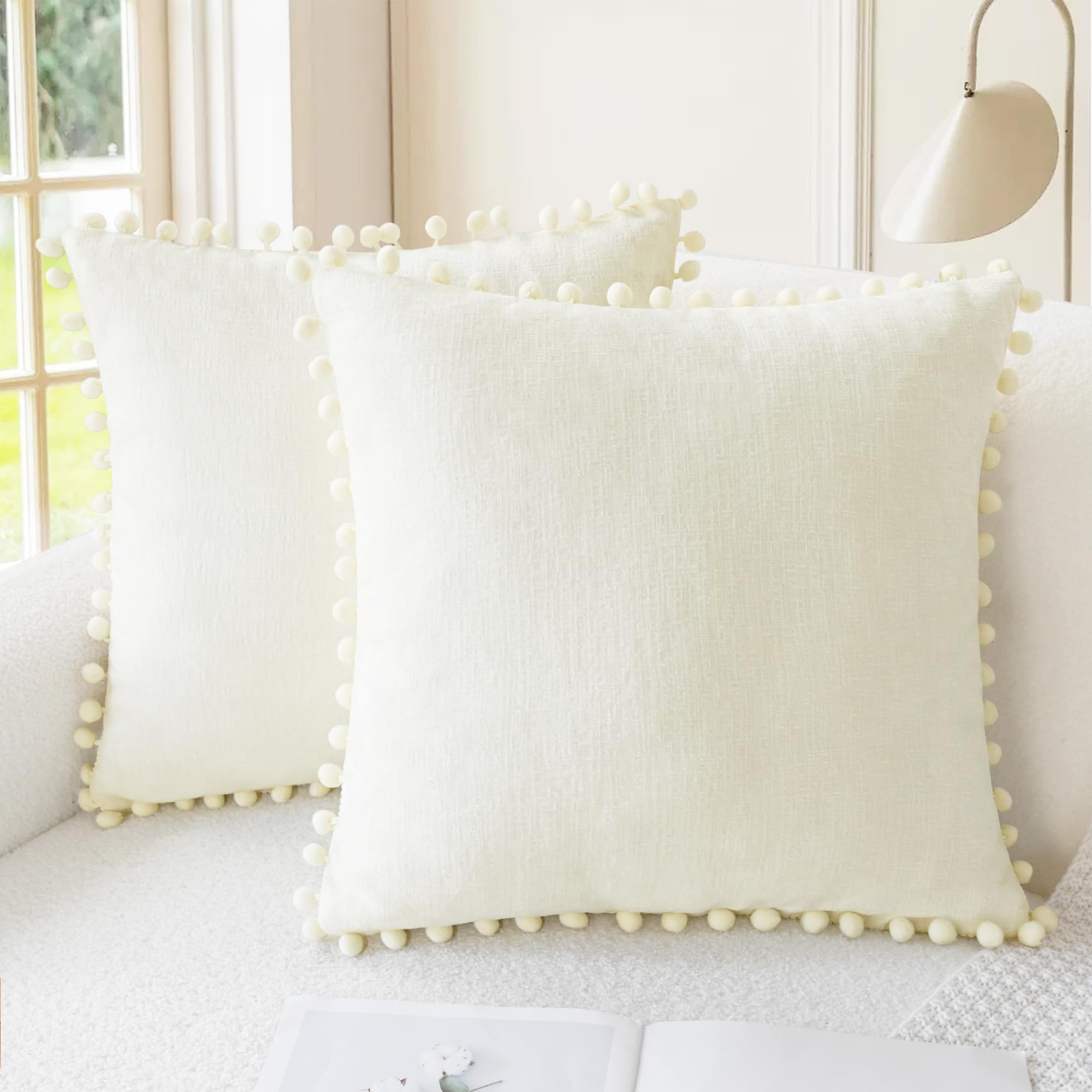 CaliTime Throw Pillow Covers Decorative 18 X 18 Inches Pack of 2 Cozy Solid Dyed Soft Chenille Cushion Cases with Pom Poms for Couch Sofa Bed Living Room Home Living Coral