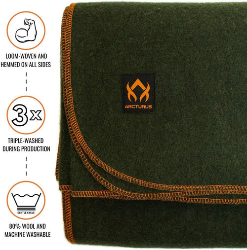 Arcturus Military Wool Blanket - Warm, Thick, Washable - Great for Outdoors, Camping, Stadium Blanket, Picnics, Travel - Car & Bushcraft Survival Kits