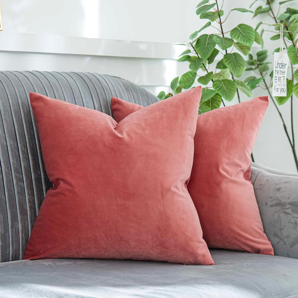 Coral Decorative Velvet Throw Pillow Covers 24x24 inch Set of 2 with Zipper Luxury Soft Solid Square Cushion Covers Case for Sofa Couch Bed Living Room