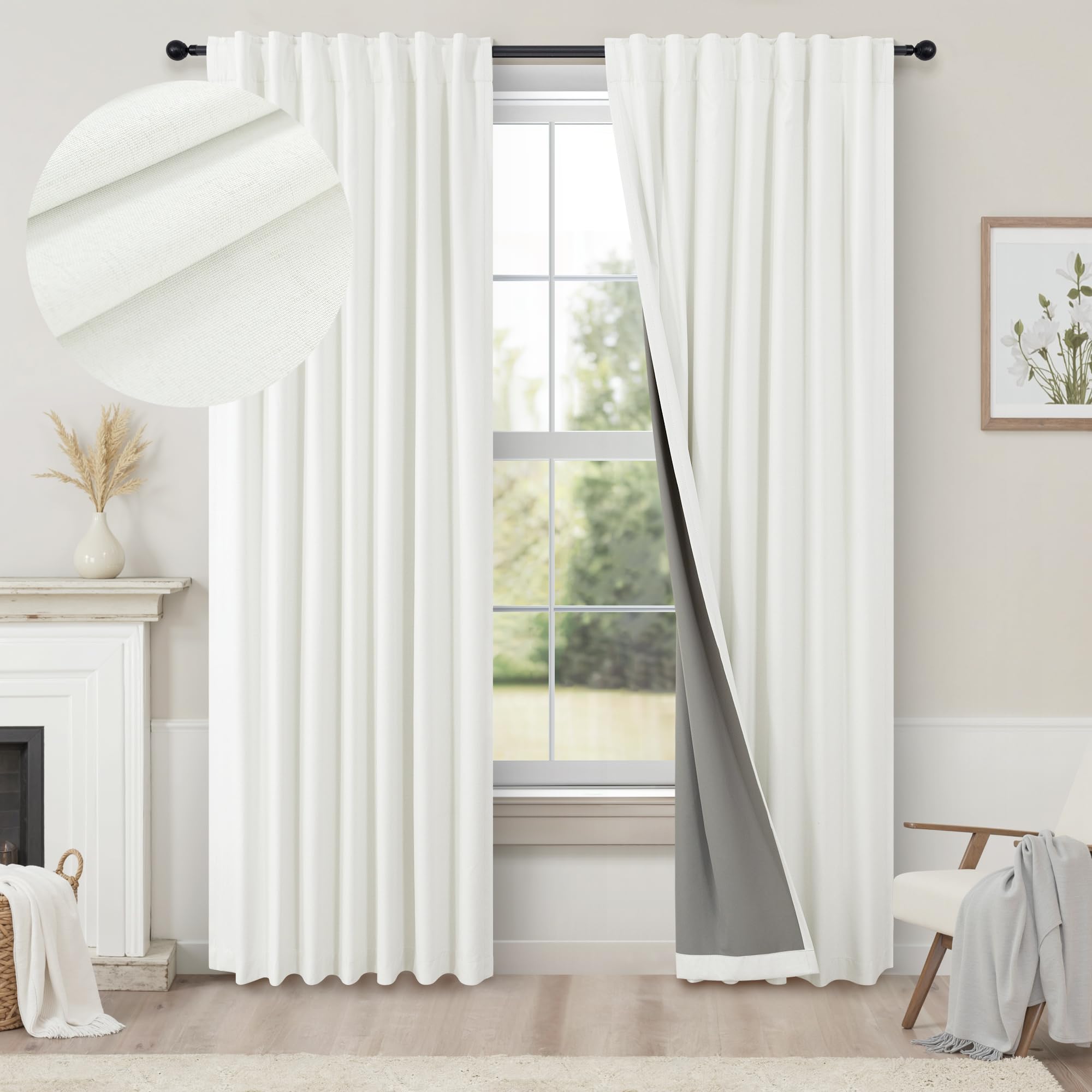 100% Blackout Curtains 84 Inch Length 2 Panels Set Neutral Boho Linen Farmhouse for Bedroom Windows Living Room Darkening Thermal Insulated Drapes Natural Cream Ivory 7ft Long Back Tab Pleated Pocket