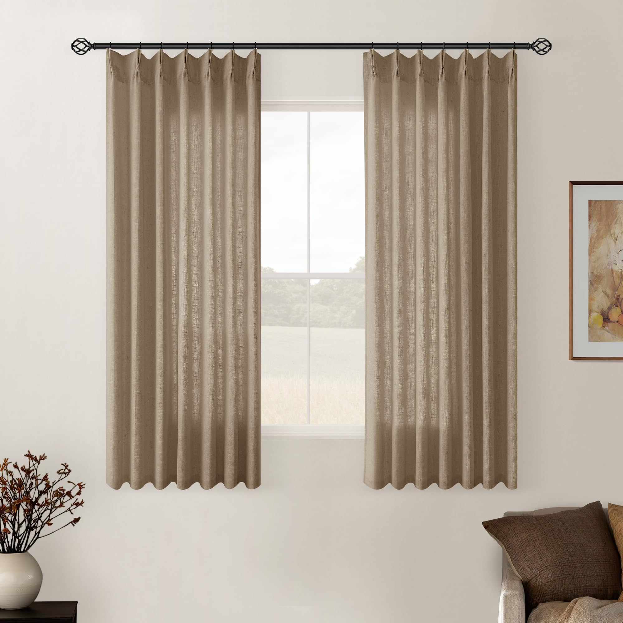 Natural Pinch Pleated Linen Curtains 84 Inch Length 2 Panels for Living Room Bedroom Textured Cream Ivory Birch Semi Sheer Boho Neutral Back Tab Pinch Pleat Hooks Rings Window Curtain 84 Inches Long