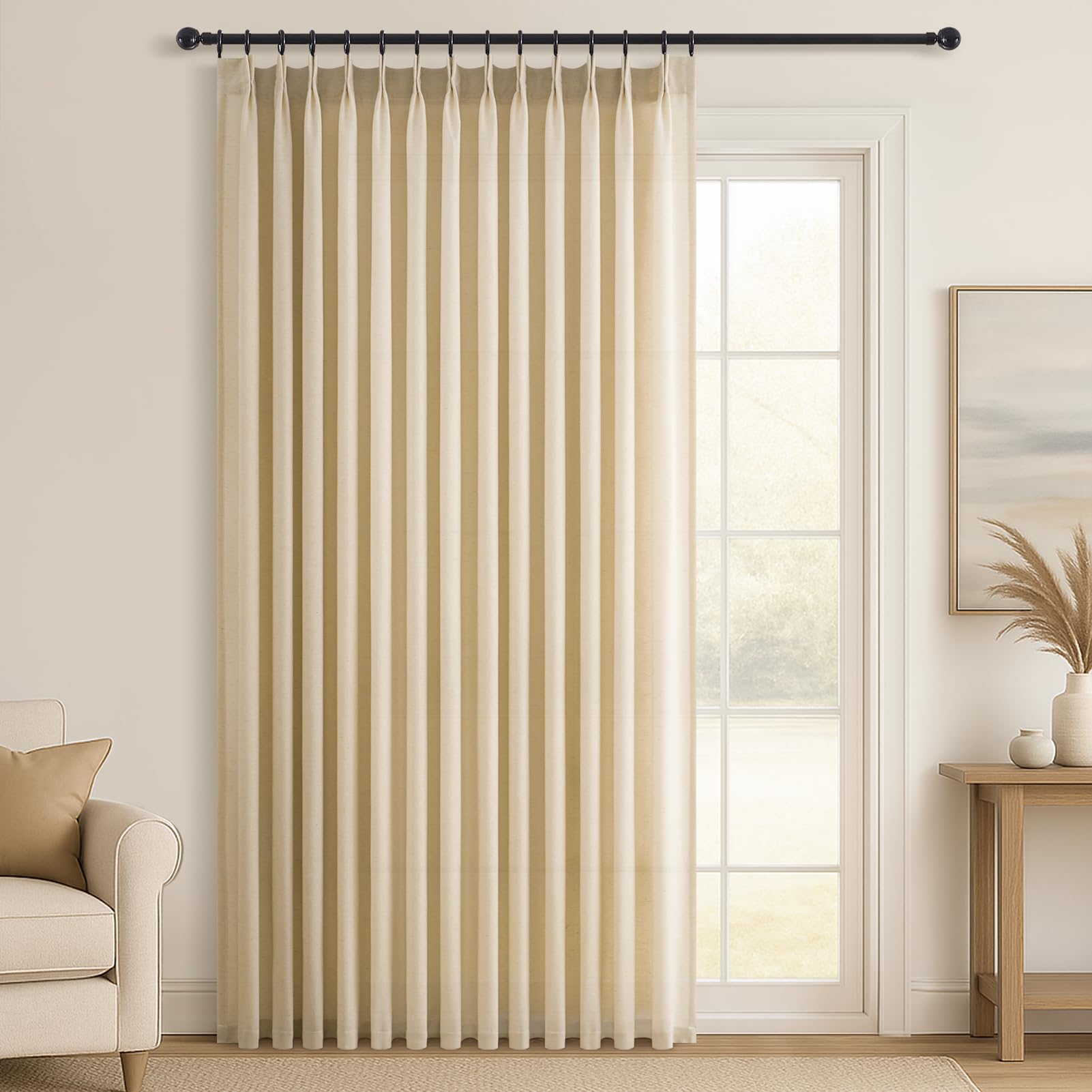 Topfinel Pinch Pleated Curtains 90 Inches Long 2 Panels Set,Natural Cream Semi Sheer Cotton Blend Fabric Aesthetic Advanced Curtain Drapes for Living Room Bedroom,40x90 inch Length