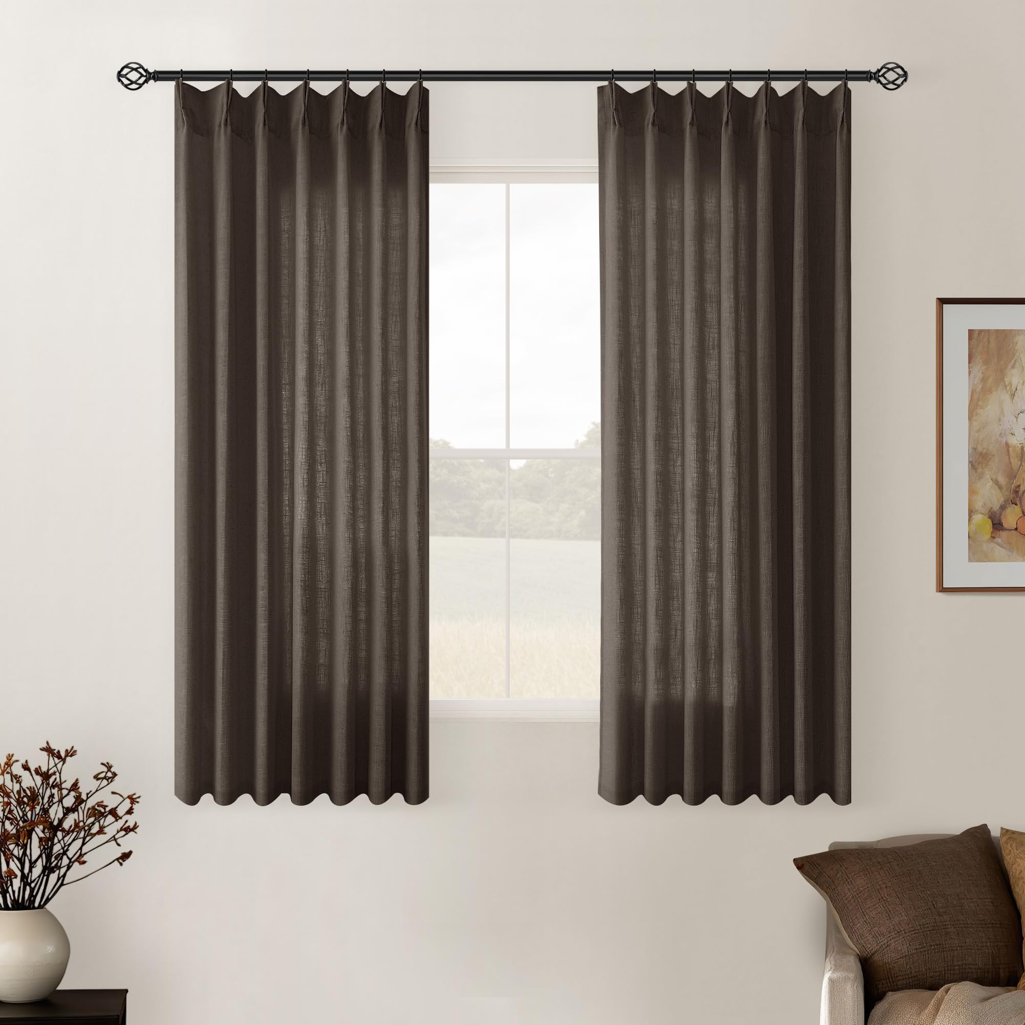 Natural Pinch Pleated Linen Curtains 84 Inch Length 2 Panels for Living Room Bedroom Textured Cream Ivory Birch Semi Sheer Boho Neutral Back Tab Pinch Pleat Hooks Rings Window Curtain 84 Inches Long