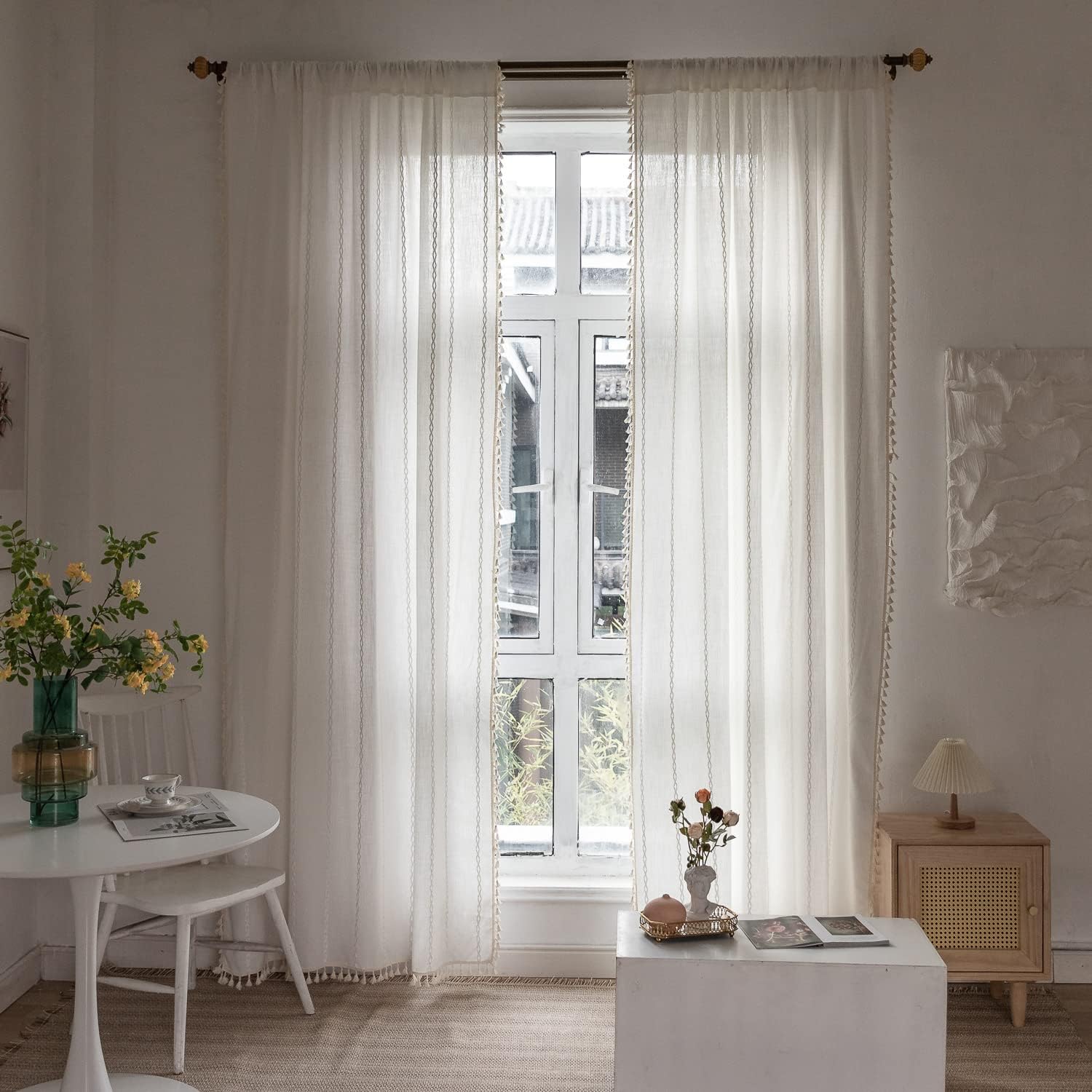 Boho Curtains - Embroidery Linen and Cotton 63 Inch Length 2 Pannels for Living Room, Cream Off White Light Filtering Farmhouse Curtains with Rod Pocket Draperies 52" W x 63" L