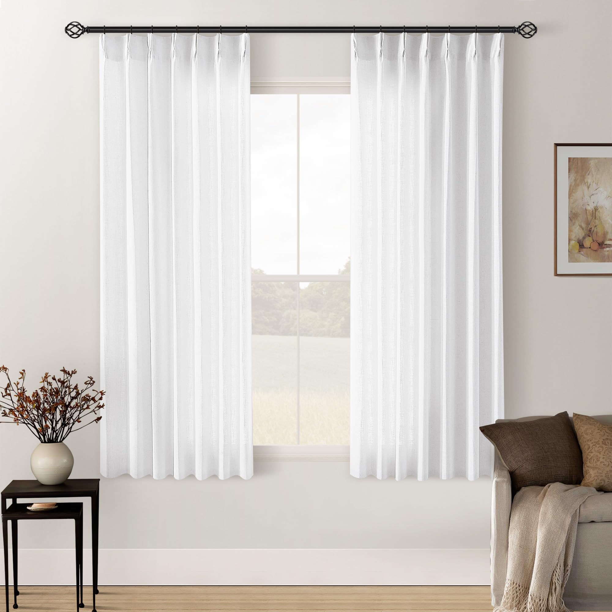 Natural Pinch Pleated Linen Curtains 84 Inch Length 2 Panels for Living Room Bedroom Textured Cream Ivory Birch Semi Sheer Boho Neutral Back Tab Pinch Pleat Hooks Rings Window Curtain 84 Inches Long