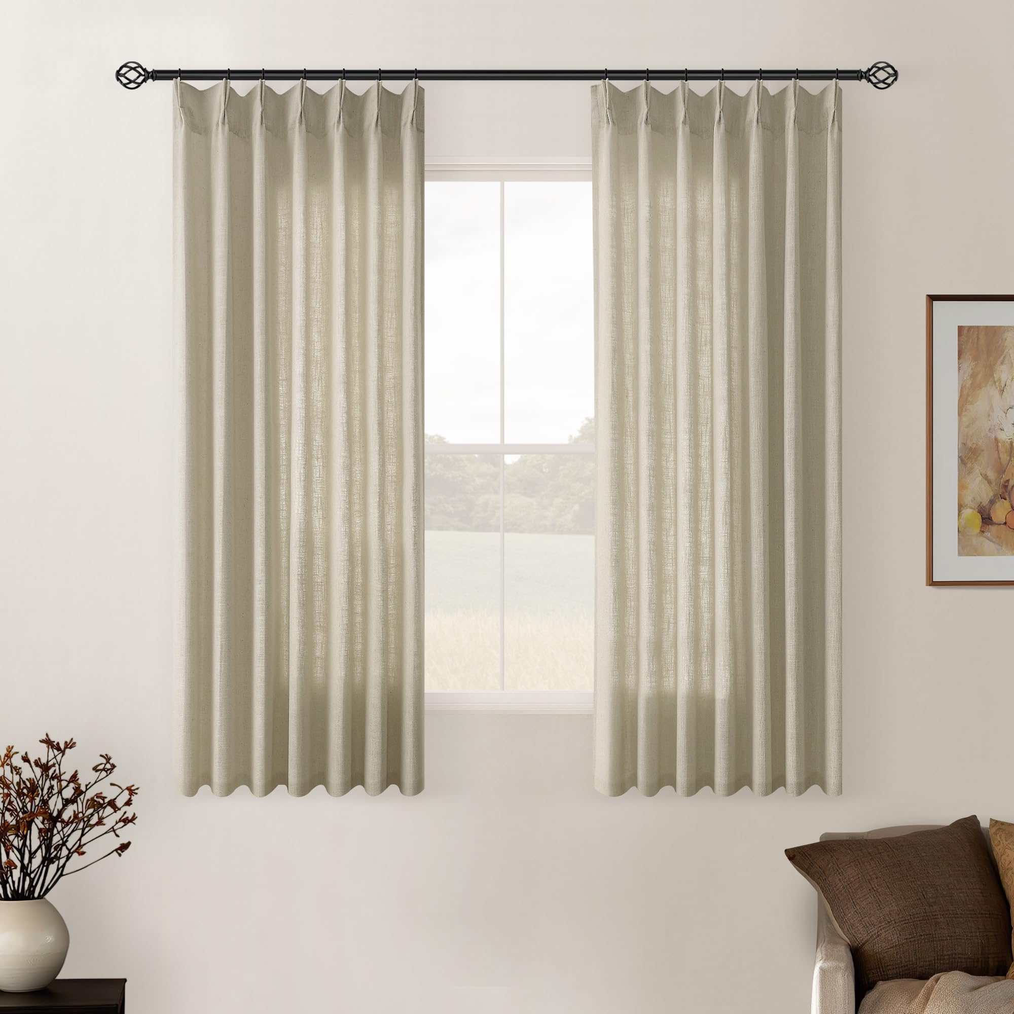 Natural Pinch Pleated Linen Curtains 84 Inch Length 2 Panels for Living Room Bedroom Textured Cream Ivory Birch Semi Sheer Boho Neutral Back Tab Pinch Pleat Hooks Rings Window Curtain 84 Inches Long
