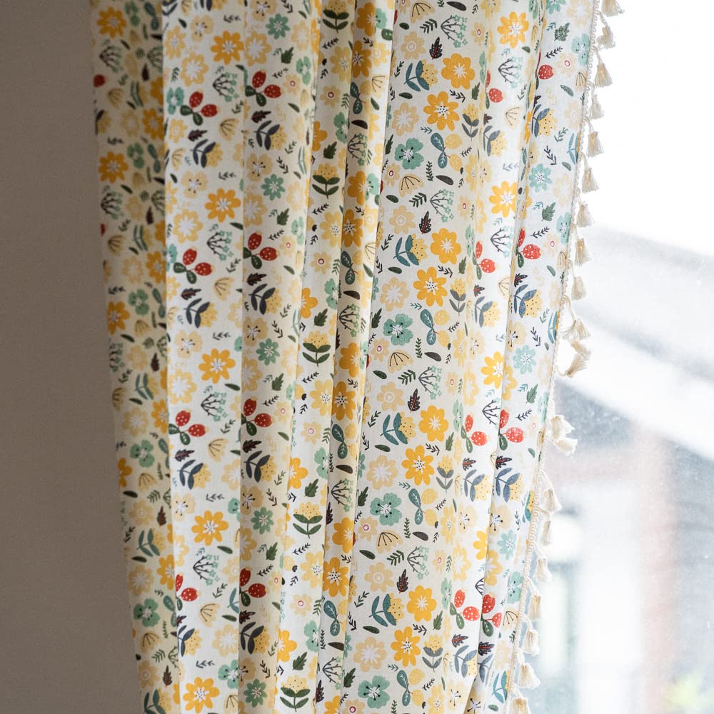 ENJOYBRIDAL Floral Bedroom Curtains 84 Inch Length 2 Panels Set Farmhouse Semi Sheer Living Room Drapes Cotton Linen Blend Bohemian Window Curtain Panels with Tassel Beige Rod Pocket Drapes
