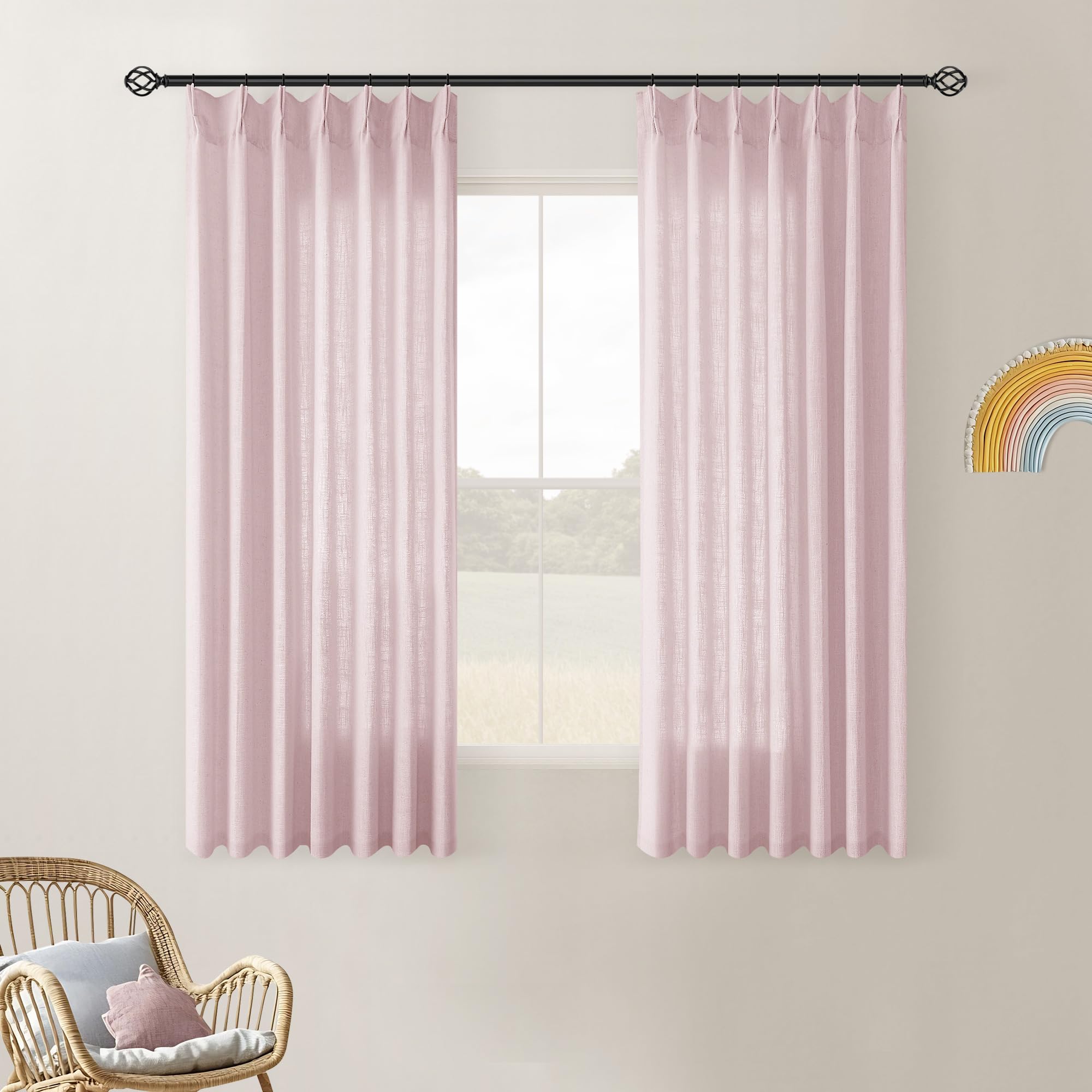 Natural Pinch Pleated Linen Curtains 84 Inch Length 2 Panels for Living Room Bedroom Textured Cream Ivory Birch Semi Sheer Boho Neutral Back Tab Pinch Pleat Hooks Rings Window Curtain 84 Inches Long