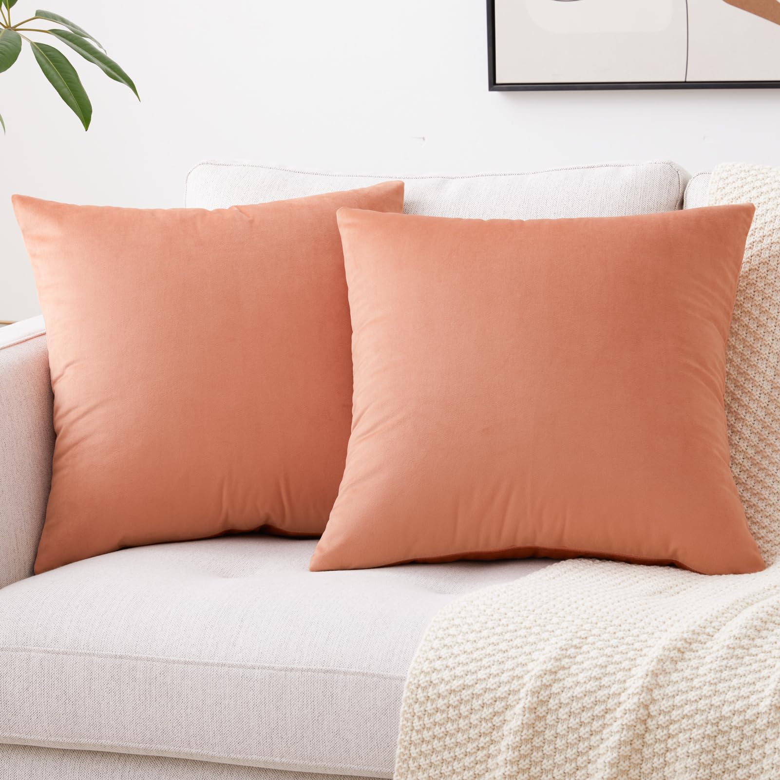 Mixhug Decorative Throw Pillow Covers, Velvet Cushion Covers, Solid Throw Pillow Cases for Couch and Bed, Pale Coral, 26 x 26 Inches, Set of 2