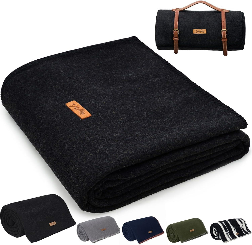 Molithe 100% Wool Blanket, 62" x 86", Warm, Thick, Washable, Military Wool Blanket, Great for Camping, Outdoors, Sporting Events, Survival Kits,Carbon Black
