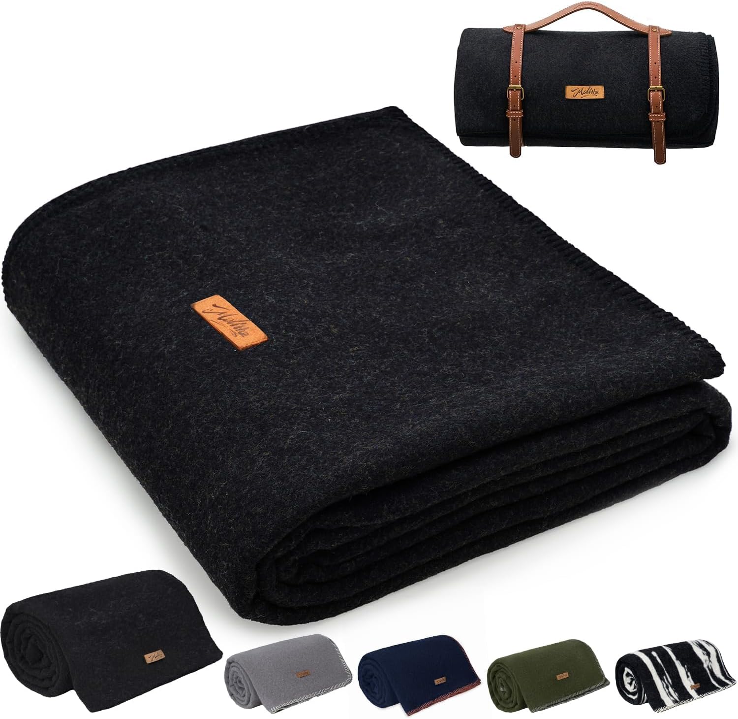 Molithe 100% Wool Blanket, 62" x 86", Warm, Thick, Washable, Military Wool Blanket, Great for Camping, Outdoors, Sporting Events, Survival Kits,Carbon Black