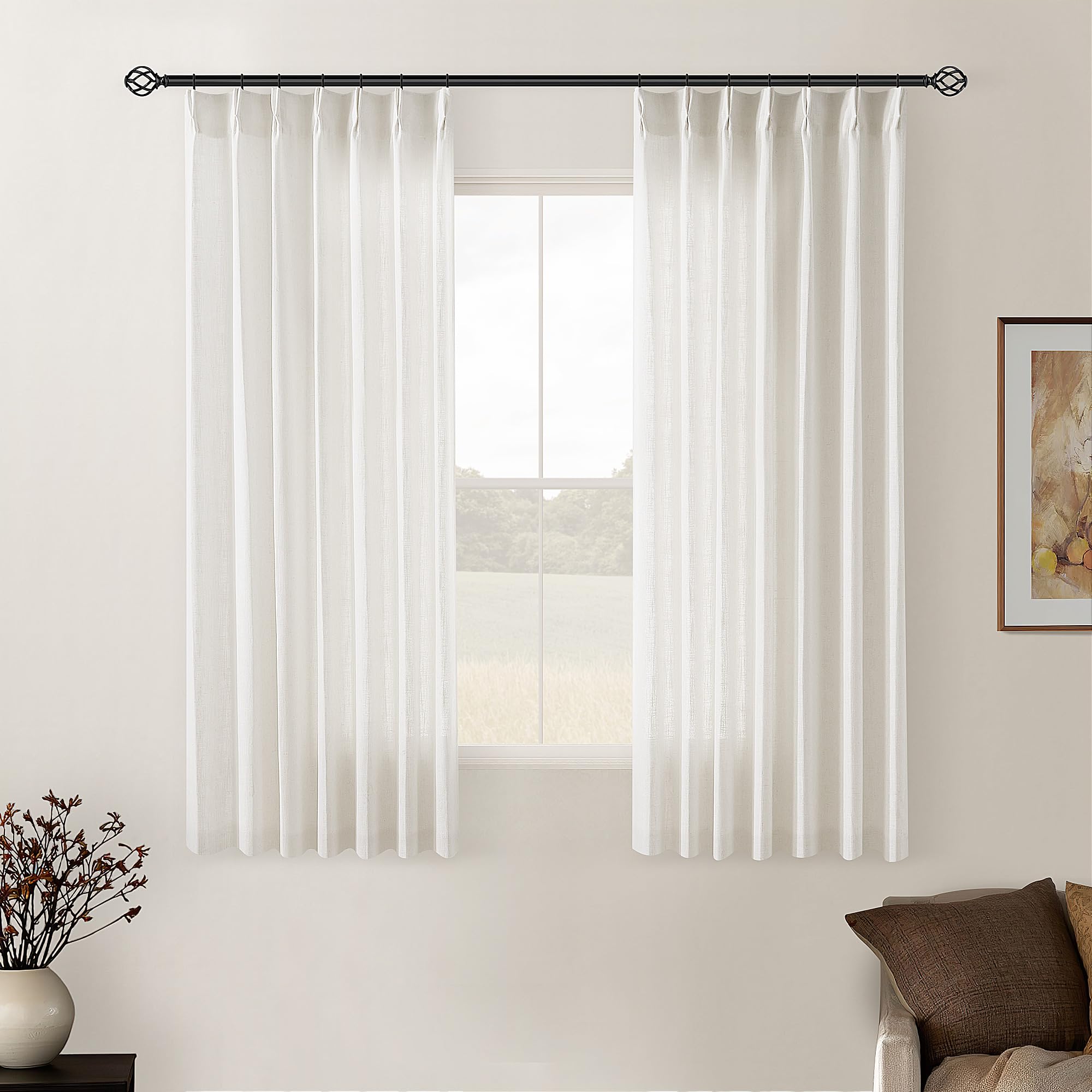 Natural Pinch Pleated Linen Curtains 84 Inch Length 2 Panels for Living Room Bedroom Textured Cream Ivory Birch Semi Sheer Boho Neutral Back Tab Pinch Pleat Hooks Rings Window Curtain 84 Inches Long
