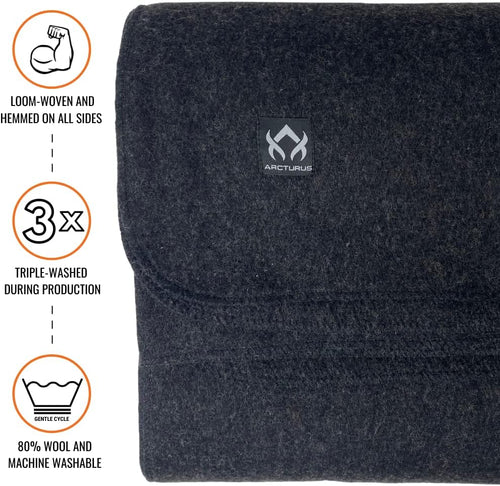 Arcturus Military Wool Blanket - Warm, Thick, Washable - Great for Outdoors, Camping, Stadium Blanket, Picnics, Travel - Car & Bushcraft Survival Kits