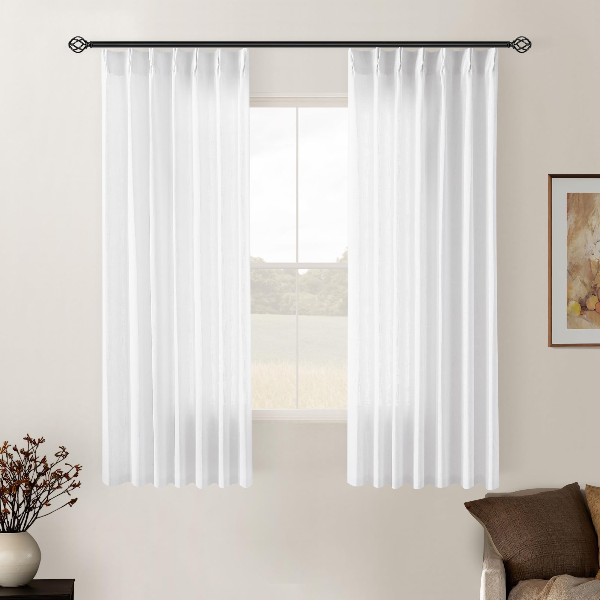 Natural Pinch Pleated Linen Curtains 84 Inch Length 2 Panels for Living Room Bedroom Textured Cream Ivory Birch Semi Sheer Boho Neutral Back Tab Pinch Pleat Hooks Rings Window Curtain 84 Inches Long