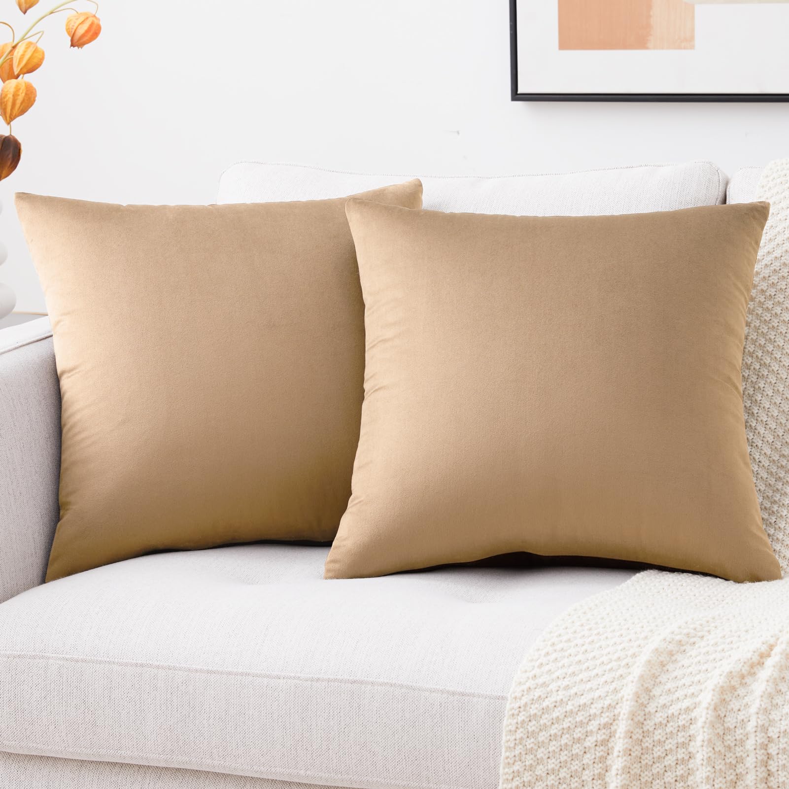 Mixhug Decorative Throw Pillow Covers, Velvet Cushion Covers, Solid Throw Pillow Cases for Couch and Bed, Pale Coral, 26 x 26 Inches, Set of 2