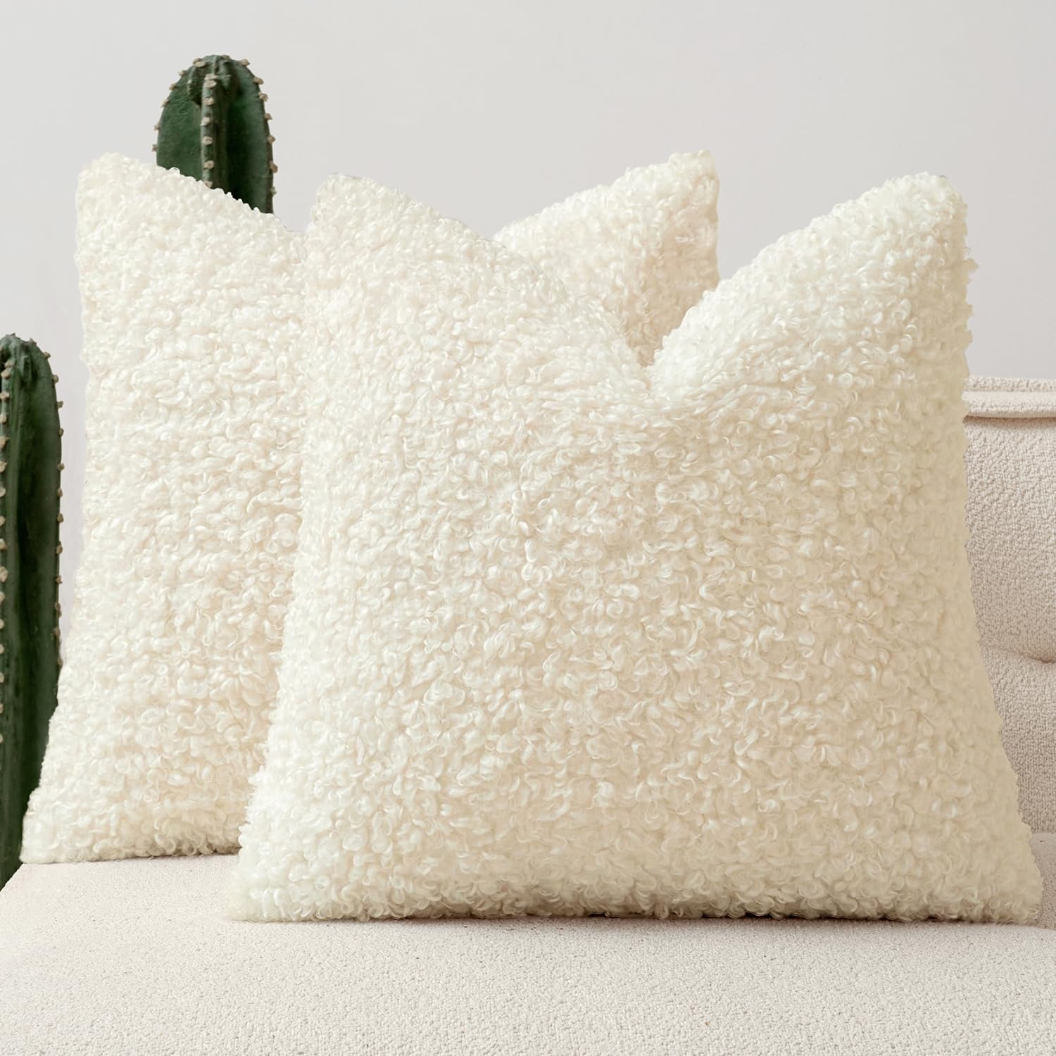 Faux Fur Throw Pillow Covers 20x20 Inch Set of 2 Boucle Neutral Decorative Sherpa Fuzzy Accent Soft Sheepskin Fleece Cushions Modern Home Decor for Couch Sofa Bedroom Living Room,Oatmeal