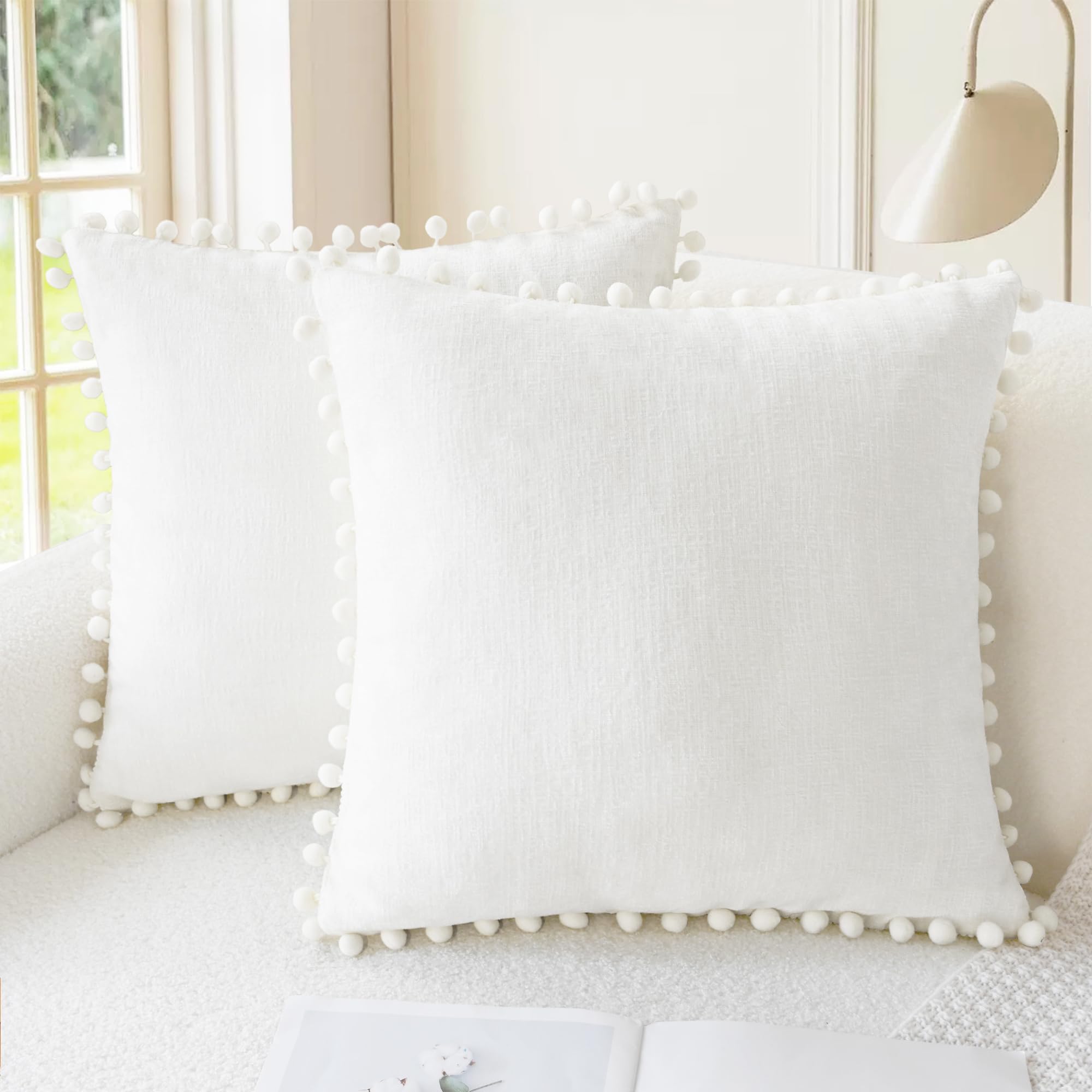 CaliTime Throw Pillow Covers Decorative 18 X 18 Inches Pack of 2 Cozy Solid Dyed Soft Chenille Cushion Cases with Pom Poms for Couch Sofa Bed Living Room Home Living Coral