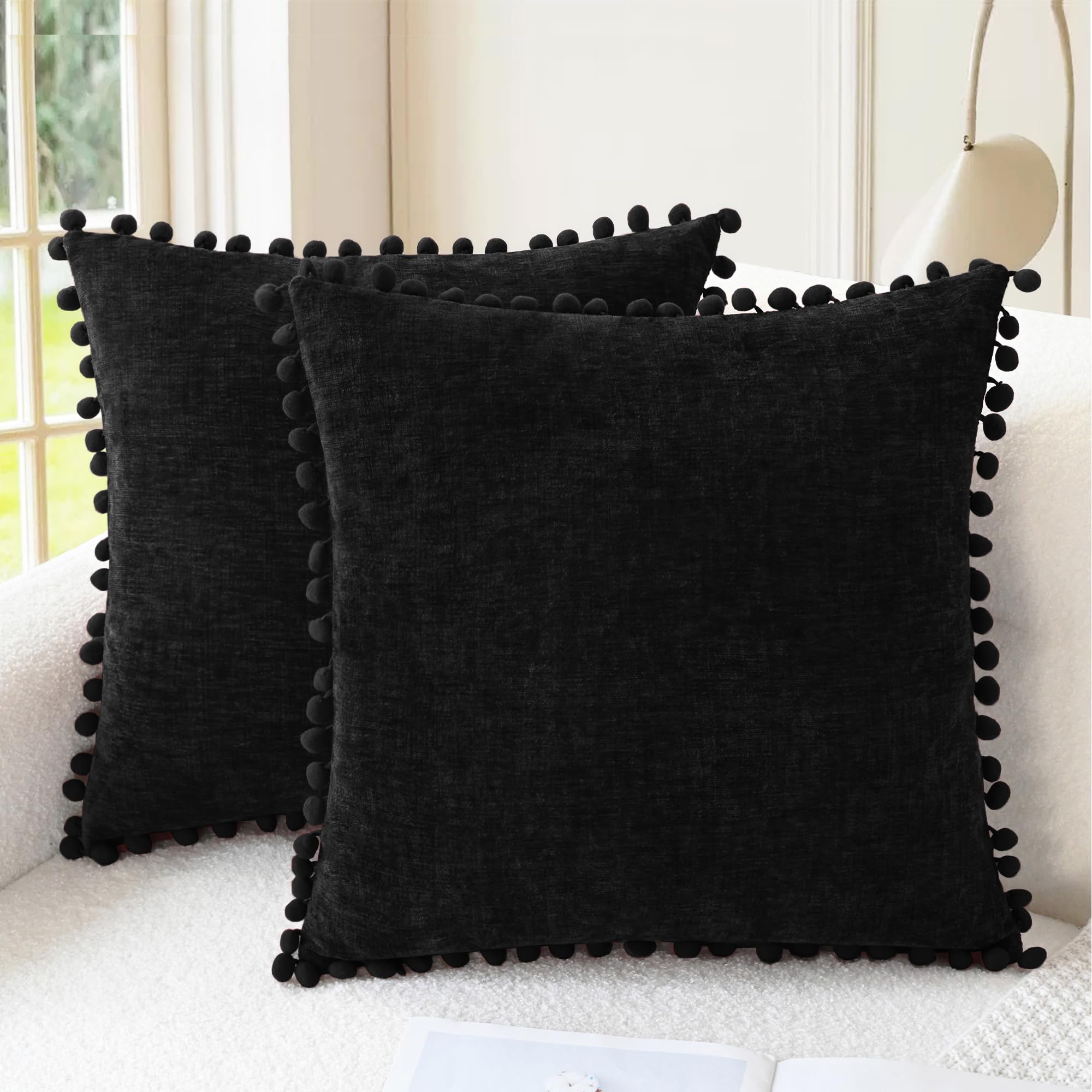 CaliTime Throw Pillow Covers Decorative 18 X 18 Inches Pack of 2 Cozy Solid Dyed Soft Chenille Cushion Cases with Pom Poms for Couch Sofa Bed Living Room Home Living Coral
