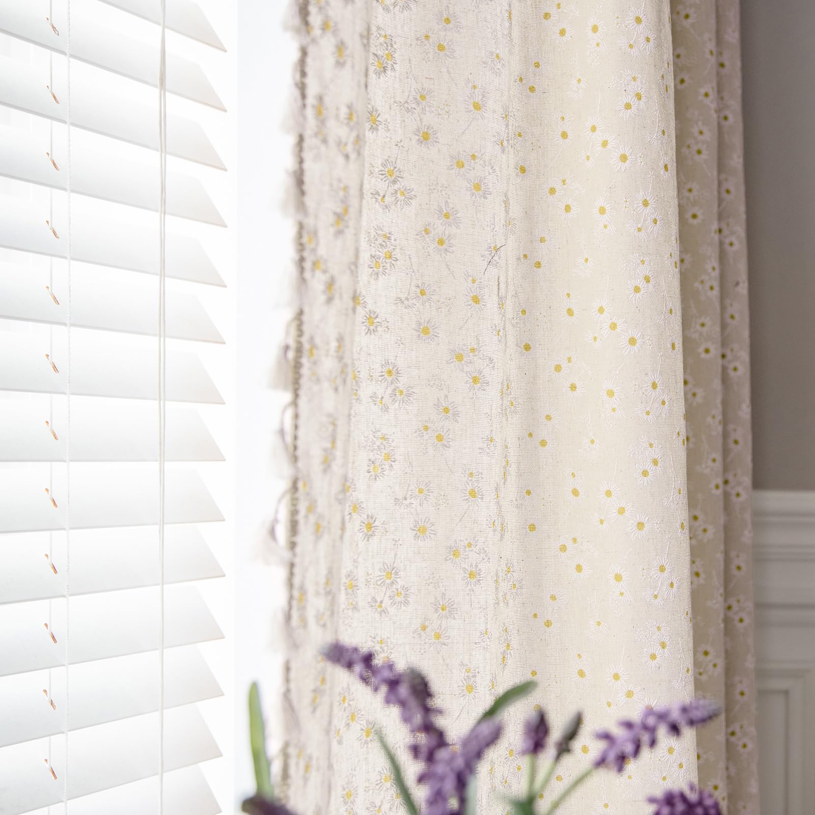 ENJOYBRIDAL Floral Bedroom Curtains 84 Inch Length 2 Panels Set Farmhouse Semi Sheer Living Room Drapes Cotton Linen Blend Bohemian Window Curtain Panels with Tassel Beige Rod Pocket Drapes