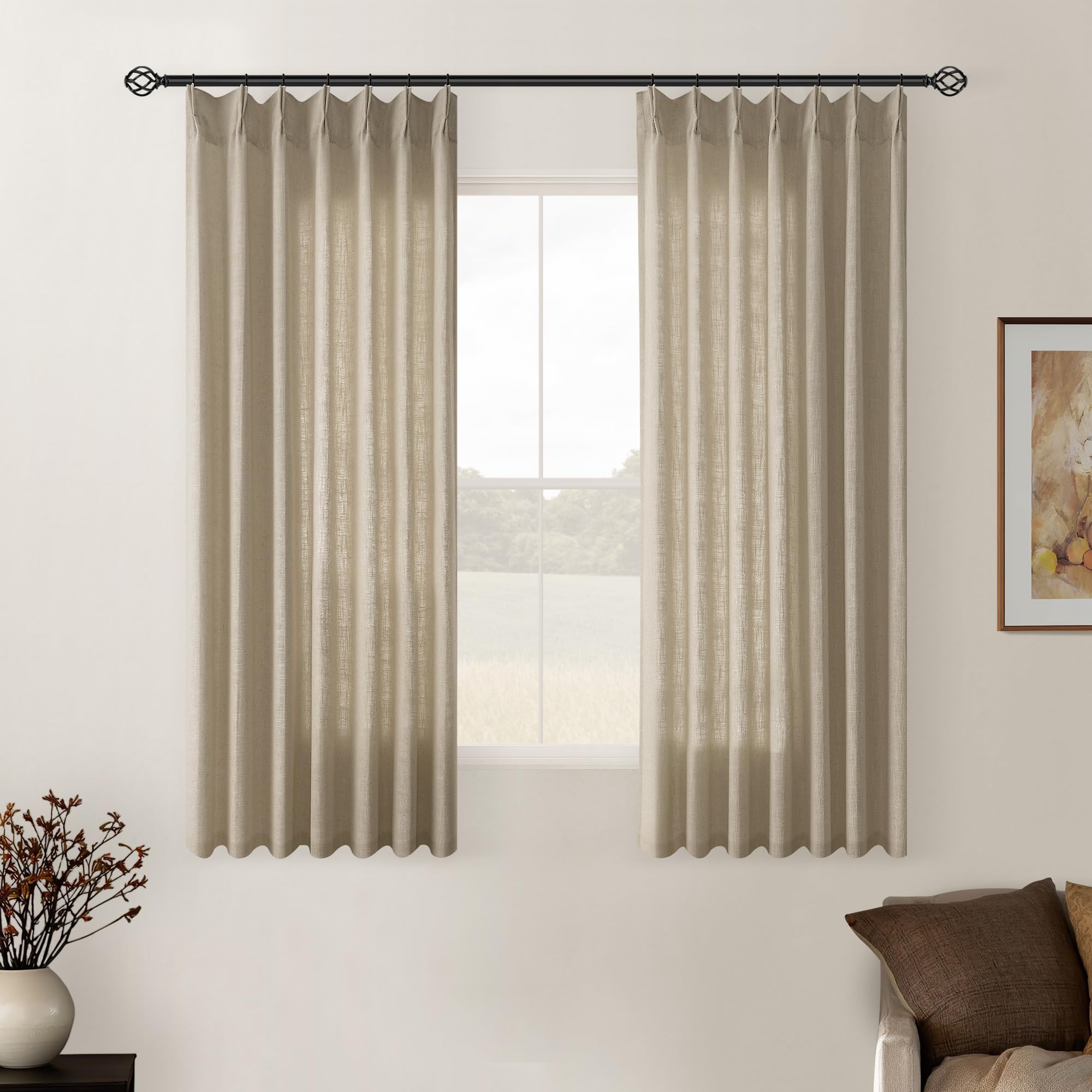 Natural Pinch Pleated Linen Curtains 84 Inch Length 2 Panels for Living Room Bedroom Textured Cream Ivory Birch Semi Sheer Boho Neutral Back Tab Pinch Pleat Hooks Rings Window Curtain 84 Inches Long