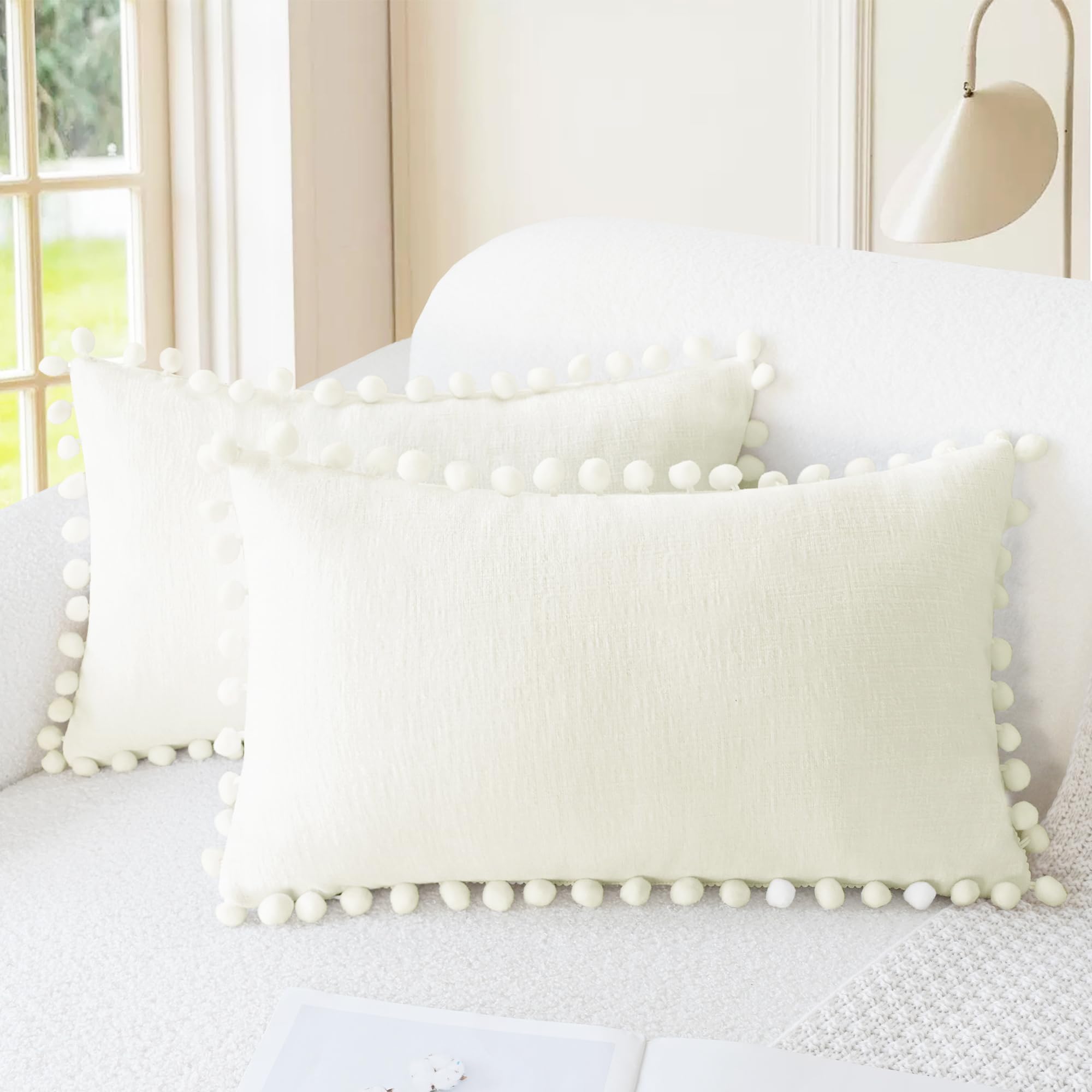 CaliTime Throw Pillow Covers Decorative 18 X 18 Inches Pack of 2 Cozy Solid Dyed Soft Chenille Cushion Cases with Pom Poms for Couch Sofa Bed Living Room Home Living Coral
