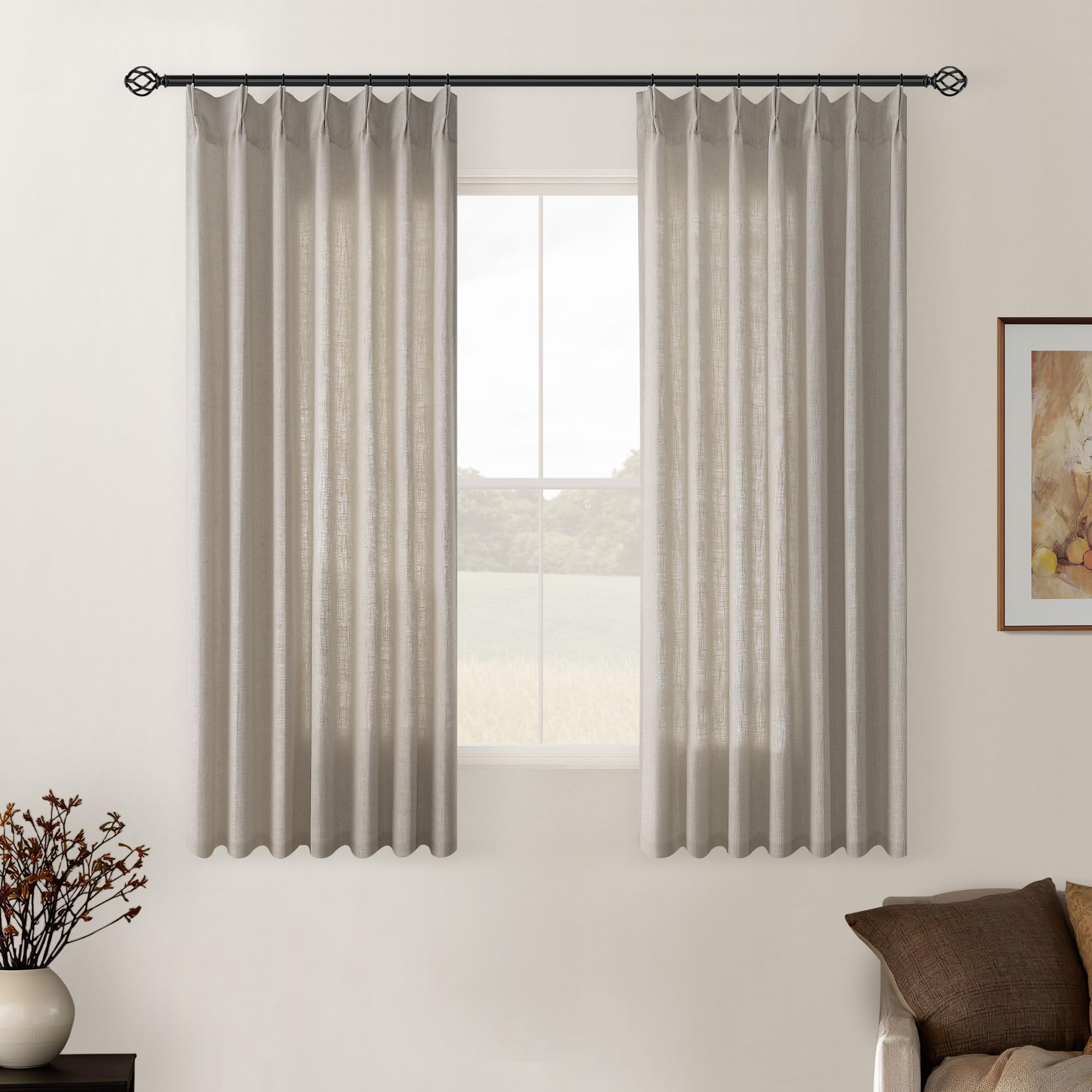 Natural Pinch Pleated Linen Curtains 84 Inch Length 2 Panels for Living Room Bedroom Textured Cream Ivory Birch Semi Sheer Boho Neutral Back Tab Pinch Pleat Hooks Rings Window Curtain 84 Inches Long
