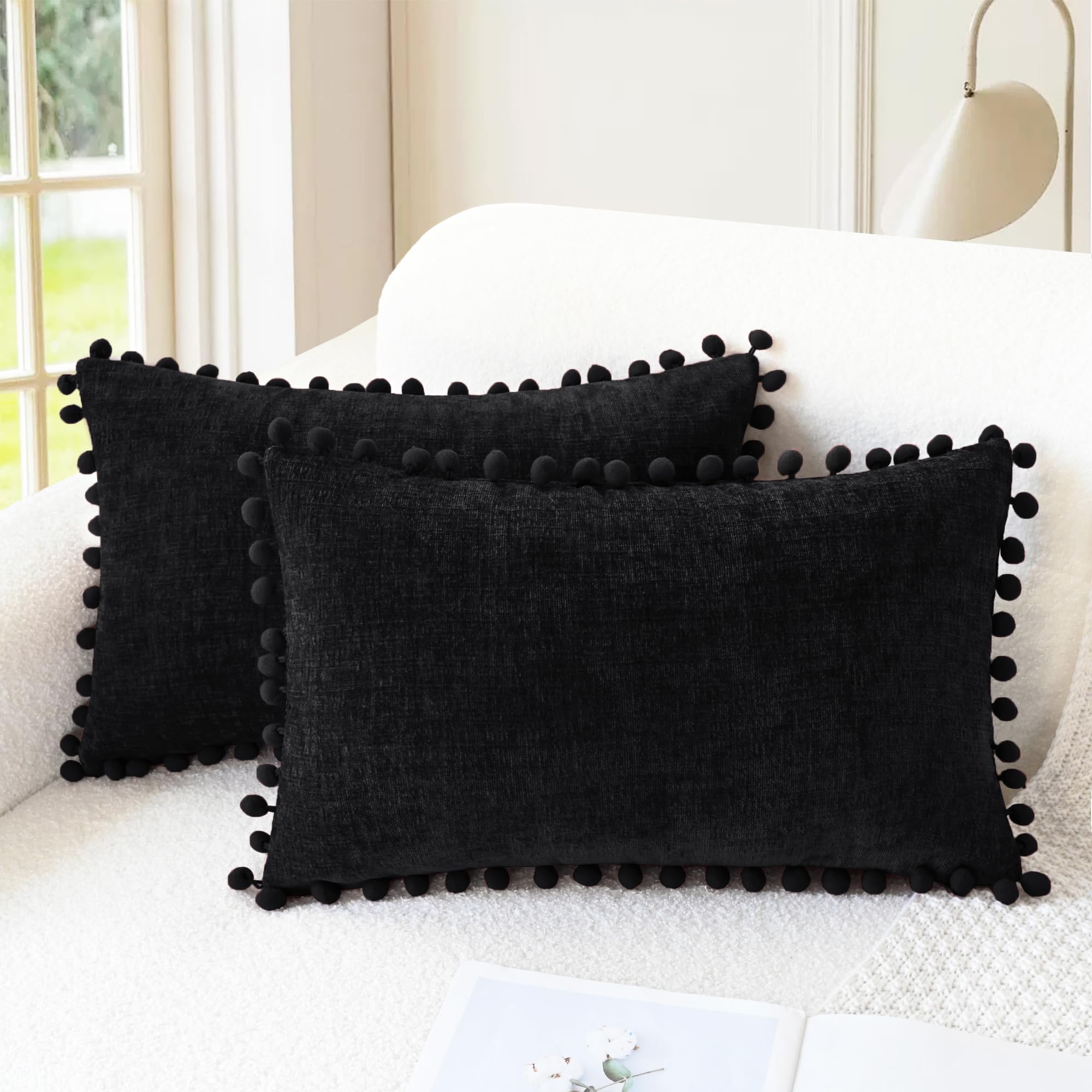 CaliTime Throw Pillow Covers Decorative 18 X 18 Inches Pack of 2 Cozy Solid Dyed Soft Chenille Cushion Cases with Pom Poms for Couch Sofa Bed Living Room Home Living Coral