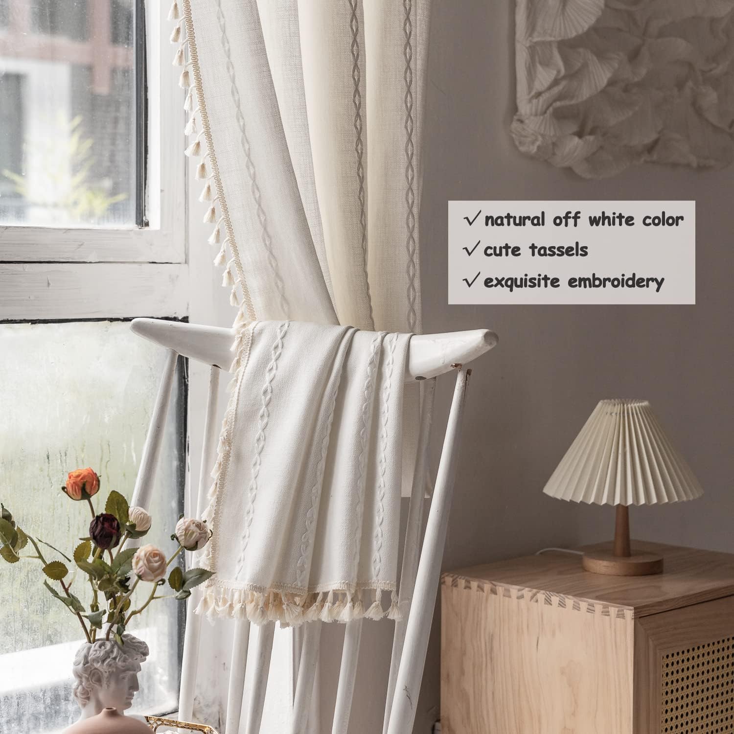 Boho Curtains - Embroidery Linen and Cotton 63 Inch Length 2 Pannels for Living Room, Cream Off White Light Filtering Farmhouse Curtains with Rod Pocket Draperies 52" W x 63" L