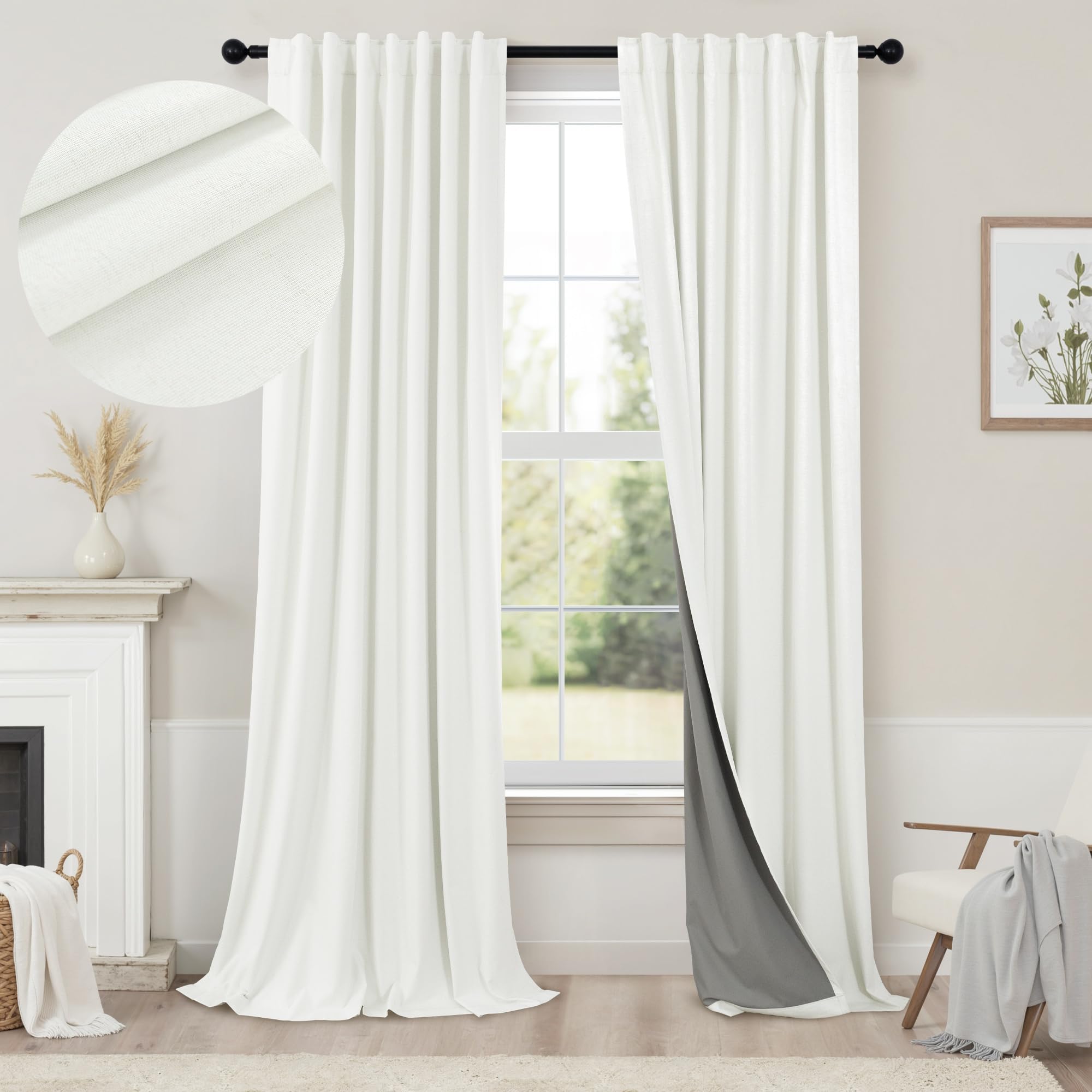 100% Blackout Curtains 84 Inch Length 2 Panels Set Neutral Boho Linen Farmhouse for Bedroom Windows Living Room Darkening Thermal Insulated Drapes Natural Cream Ivory 7ft Long Back Tab Pleated Pocket