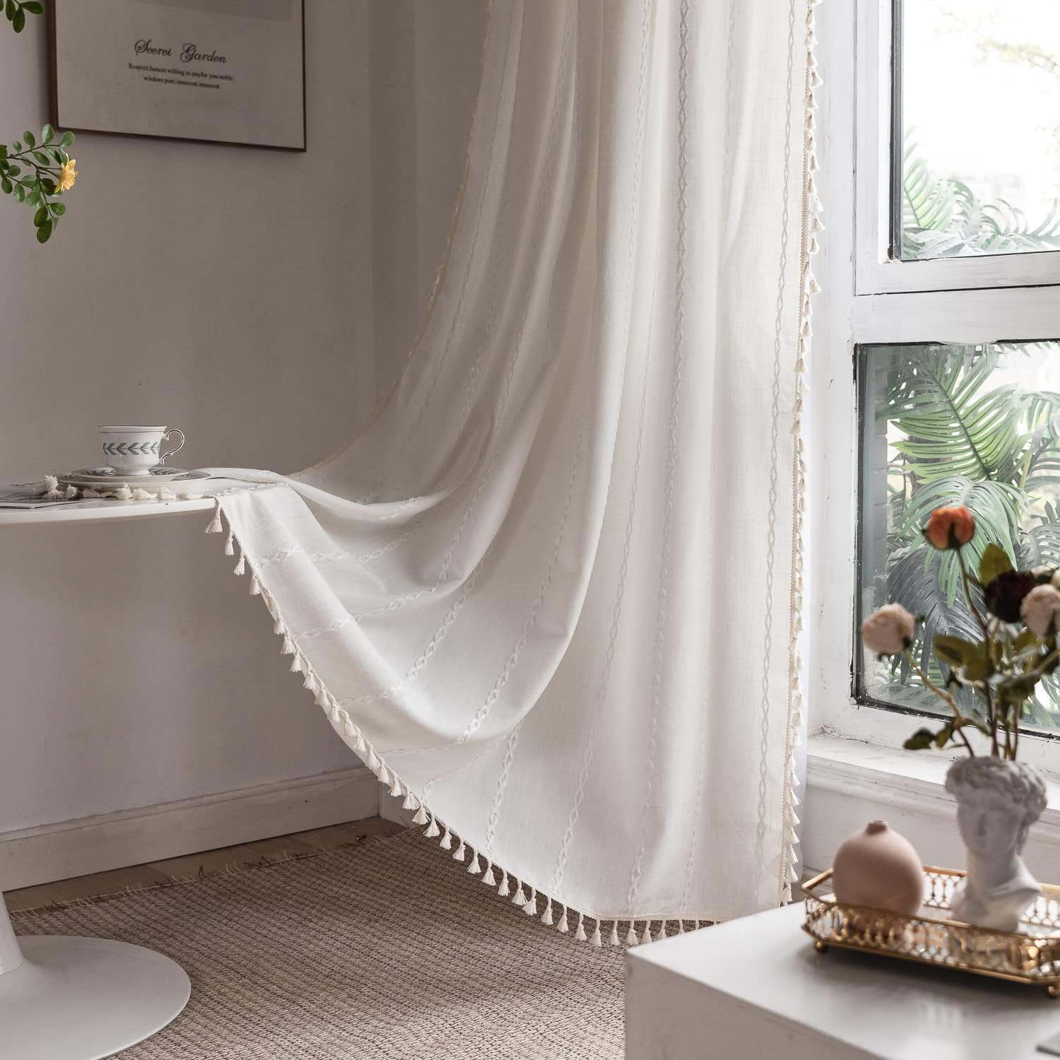 Boho Curtains - Embroidery Linen and Cotton 63 Inch Length 2 Pannels for Living Room, Cream Off White Light Filtering Farmhouse Curtains with Rod Pocket Draperies 52" W x 63" L