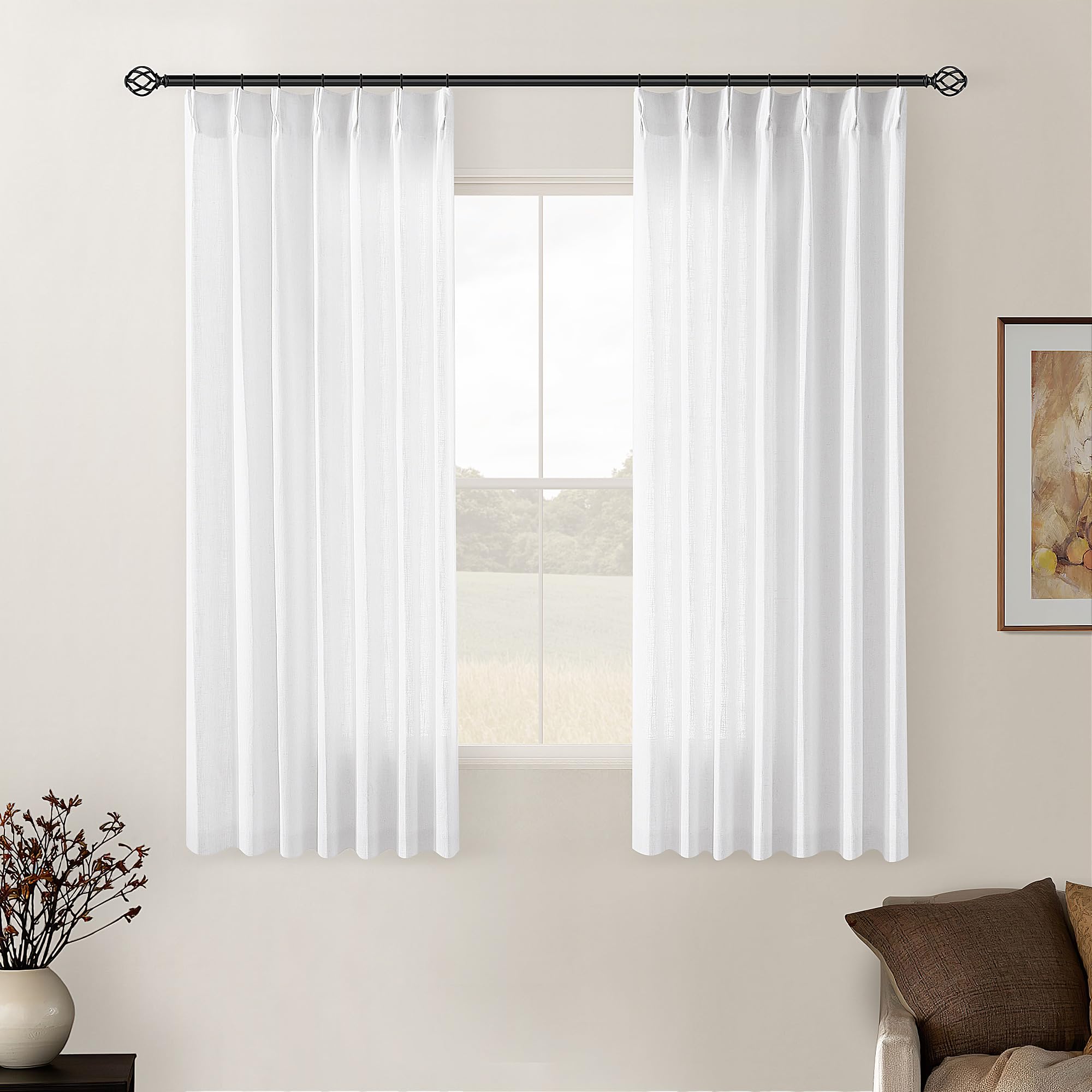 Natural Pinch Pleated Linen Curtains 84 Inch Length 2 Panels for Living Room Bedroom Textured Cream Ivory Birch Semi Sheer Boho Neutral Back Tab Pinch Pleat Hooks Rings Window Curtain 84 Inches Long