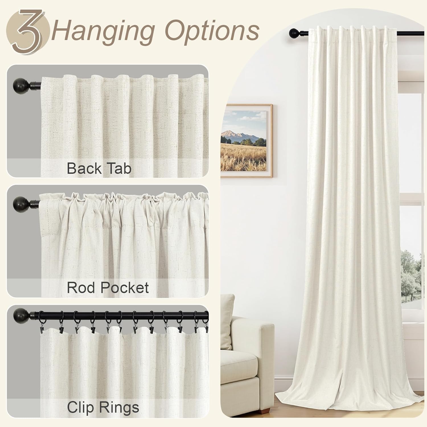 100% Blackout Curtains 84 Inch Length 2 Panels Set Neutral Boho Linen Farmhouse for Bedroom Windows Living Room Darkening Thermal Insulated Drapes Natural Cream Ivory 7ft Long Back Tab Pleated Pocket