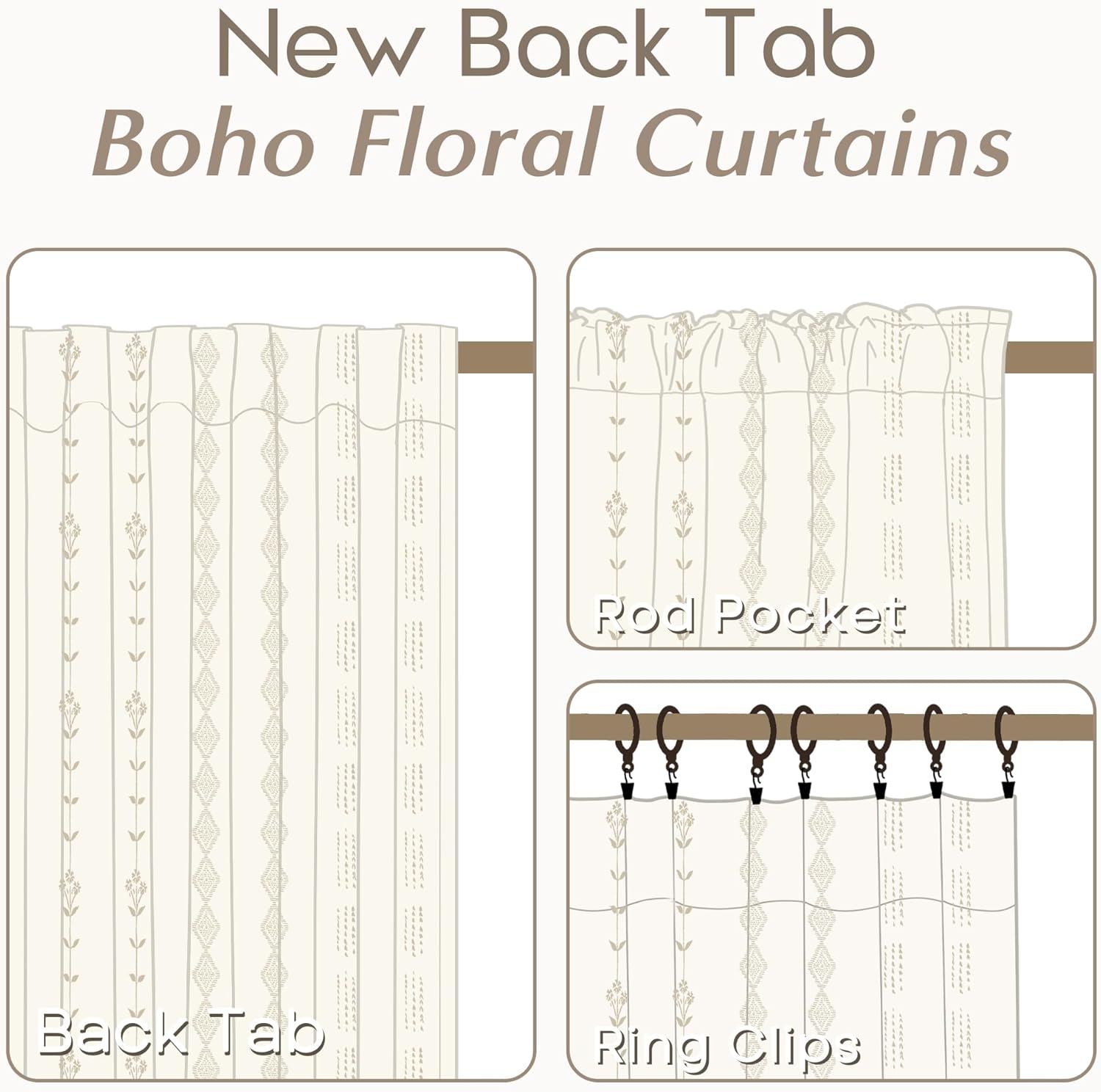 Neutral Farmhouse Curtains for Living Room 84 Inches Long,Taupe Cream Boho Light Filtering Sheer Patterned Modern Beautiful Linen Curtains with Floral Pattern Design Dining Room 84 Length 2 Panels Set