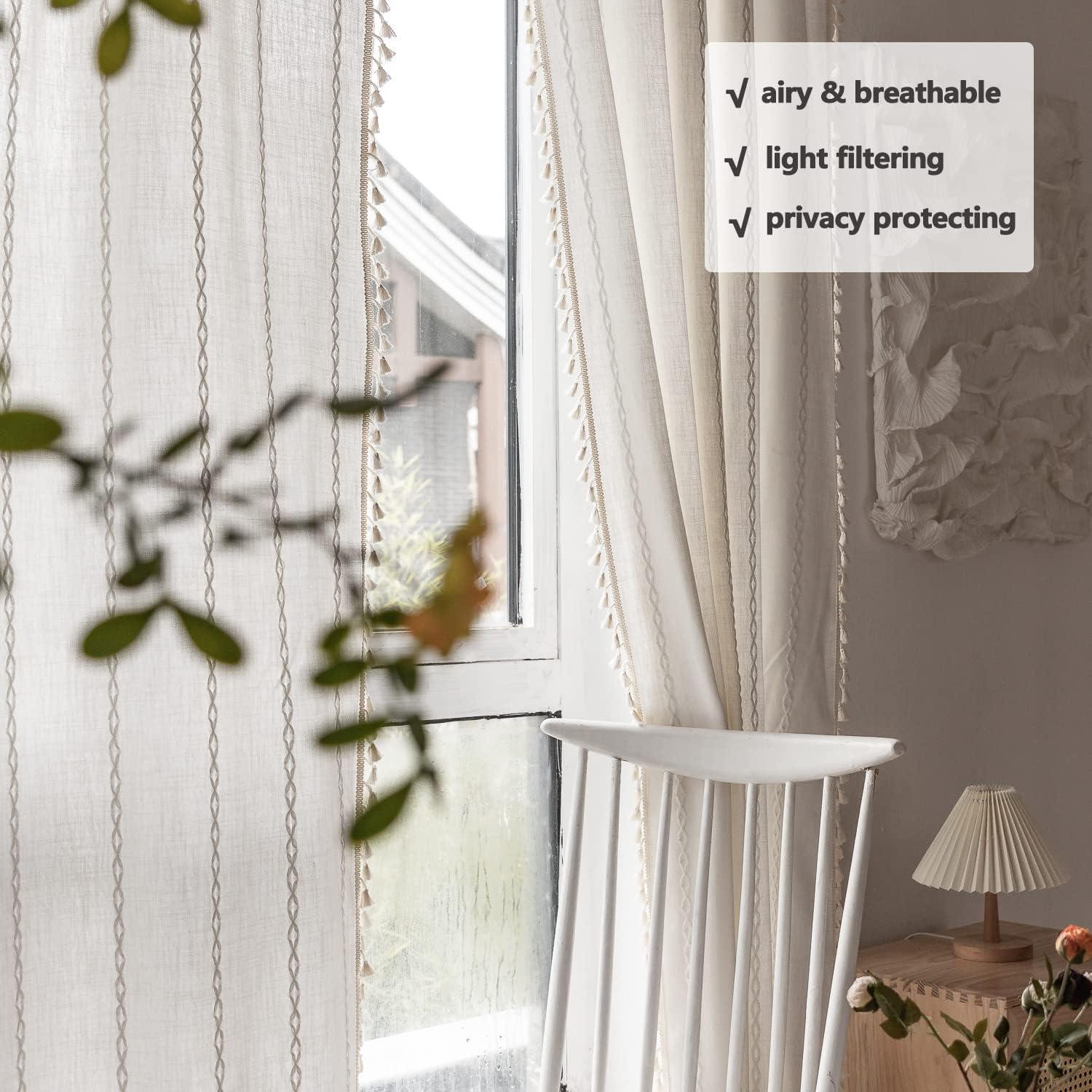 Boho Curtains - Embroidery Linen and Cotton 63 Inch Length 2 Pannels for Living Room, Cream Off White Light Filtering Farmhouse Curtains with Rod Pocket Draperies 52" W x 63" L