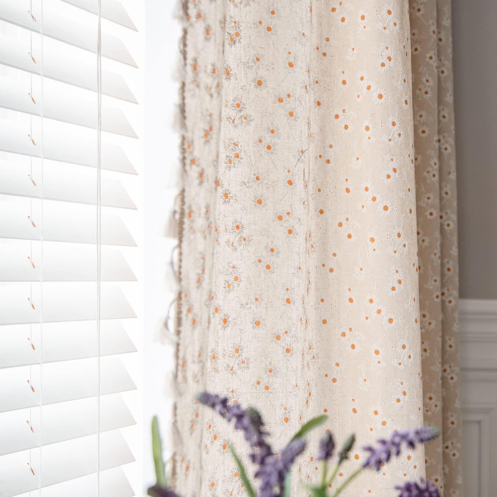 ENJOYBRIDAL Floral Bedroom Curtains 84 Inch Length 2 Panels Set Farmhouse Semi Sheer Living Room Drapes Cotton Linen Blend Bohemian Window Curtain Panels with Tassel Beige Rod Pocket Drapes
