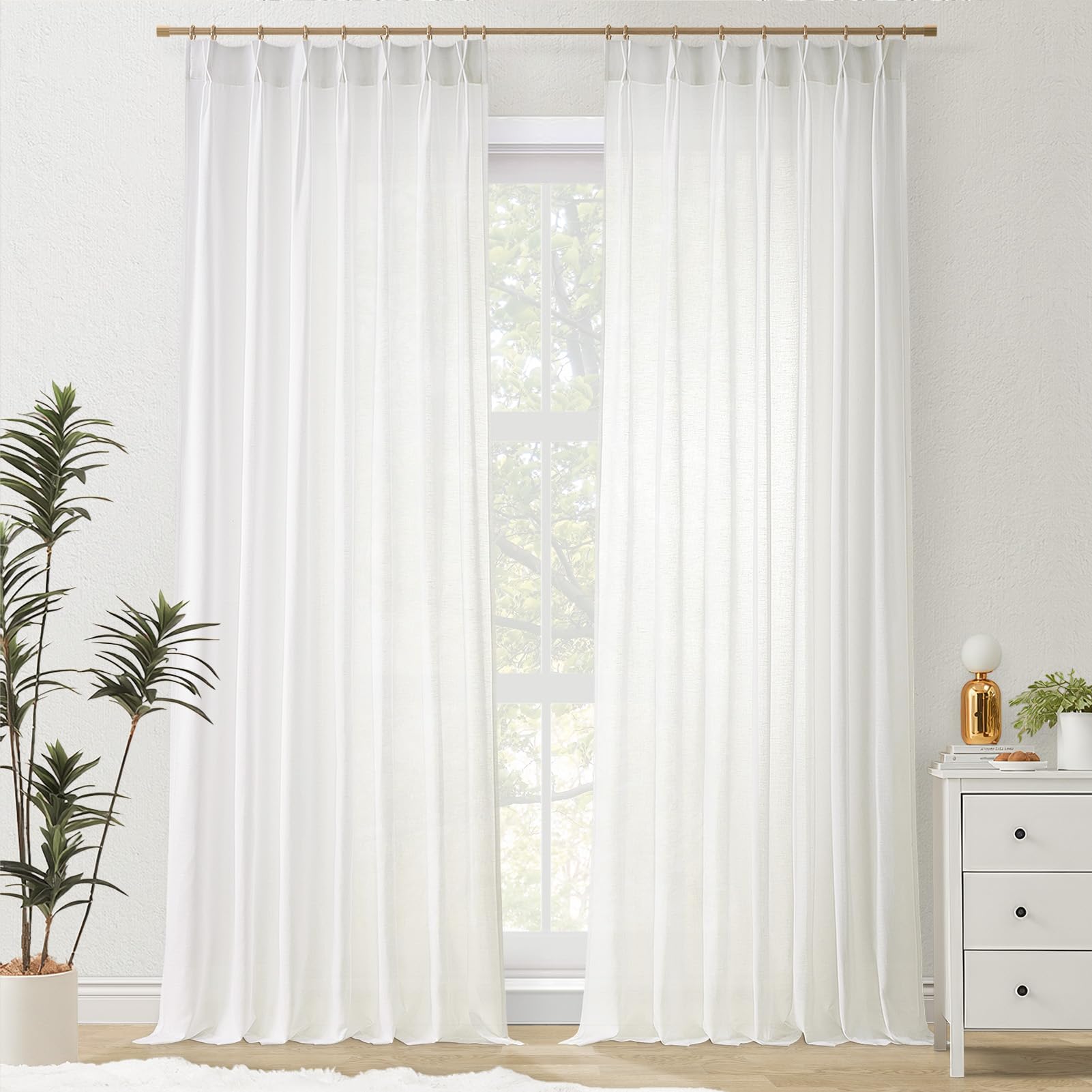 Topfinel Pinch Pleated Curtains 90 Inches Long 2 Panels Set,Natural Cream Semi Sheer Cotton Blend Fabric Aesthetic Advanced Curtain Drapes for Living Room Bedroom,40x90 inch Length