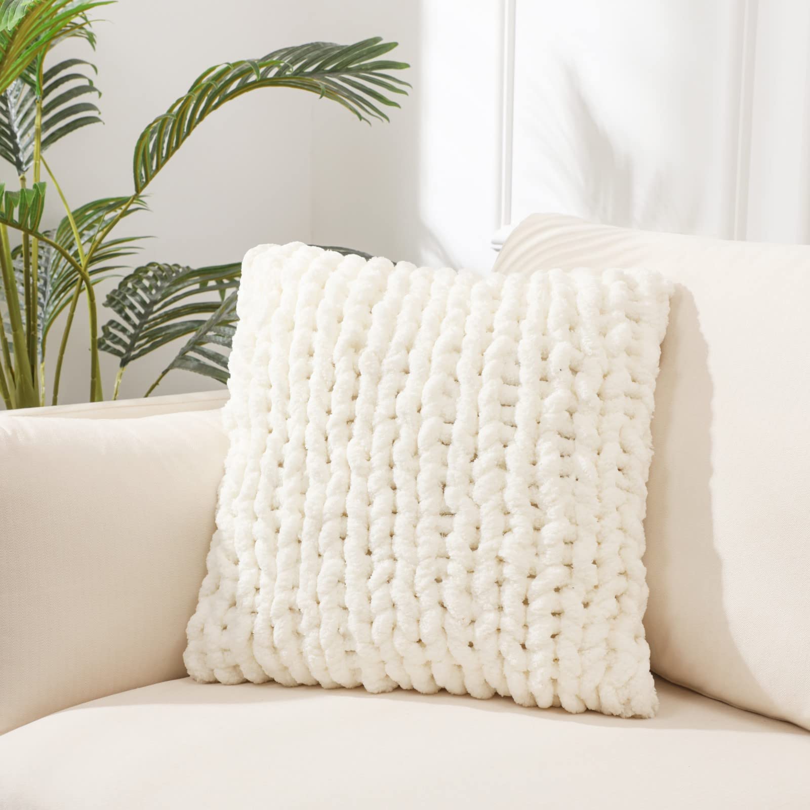 Cream White Chunky Knit Throw Pillow Covers 1PC 18"×18" Square Luxury Style Crochet Pillow Case Fur Pillowcases Decorative Pillow Shell for Sofa Bedroom Cushion