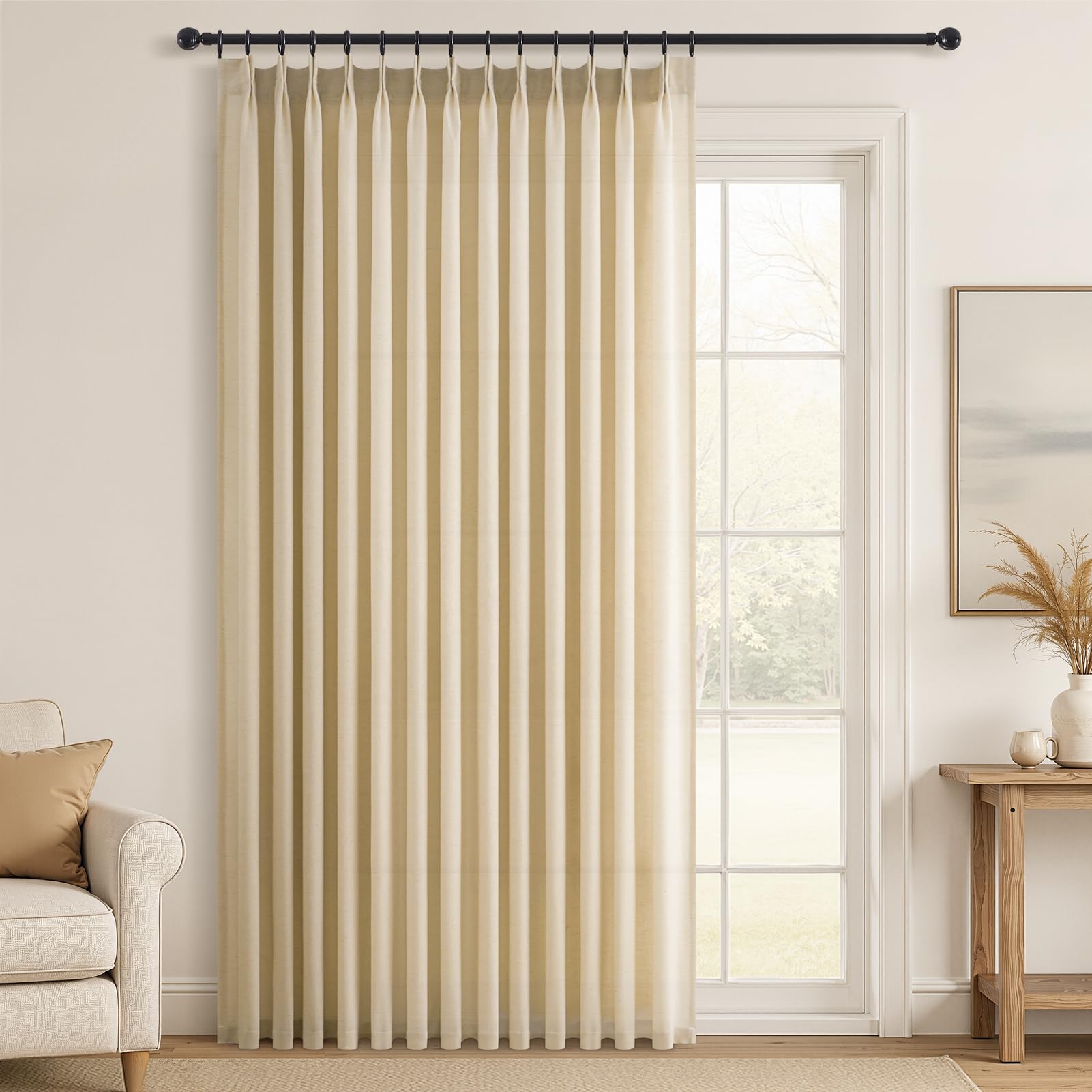 Topfinel Pinch Pleated Curtains 90 Inches Long 2 Panels Set,Natural Cream Semi Sheer Cotton Blend Fabric Aesthetic Advanced Curtain Drapes for Living Room Bedroom,40x90 inch Length