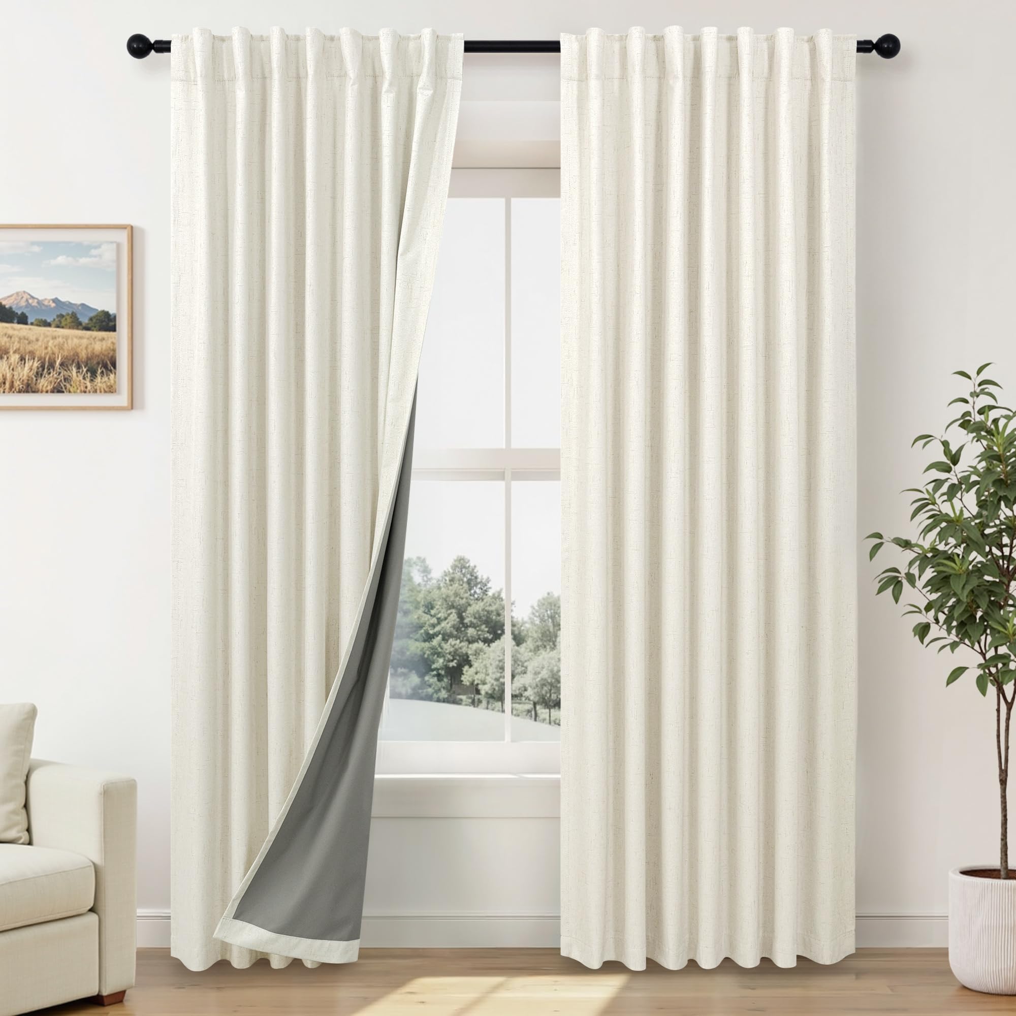 100% Blackout Curtains 84 Inch Length 2 Panels Set Neutral Boho Linen Farmhouse for Bedroom Windows Living Room Darkening Thermal Insulated Drapes Natural Cream Ivory 7ft Long Back Tab Pleated Pocket