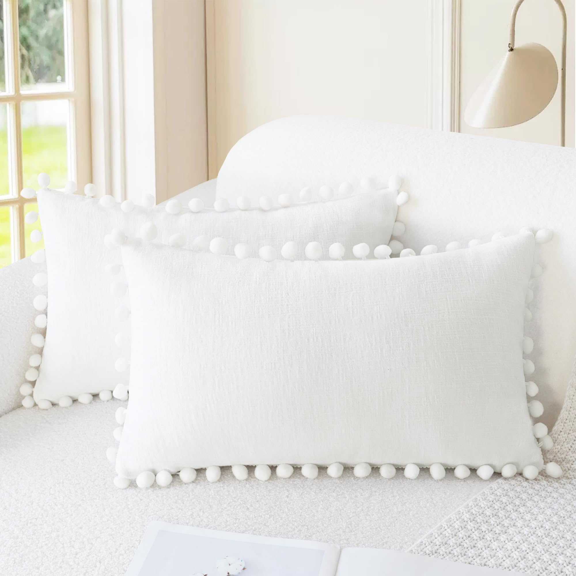 CaliTime Throw Pillow Covers Decorative 18 X 18 Inches Pack of 2 Cozy Solid Dyed Soft Chenille Cushion Cases with Pom Poms for Couch Sofa Bed Living Room Home Living Coral