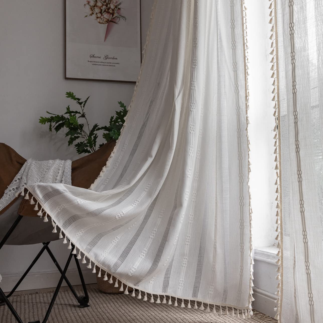 Boho Curtains - Embroidery Linen and Cotton 63 Inch Length 2 Pannels for Living Room, Cream Off White Light Filtering Farmhouse Curtains with Rod Pocket Draperies 52" W x 63" L