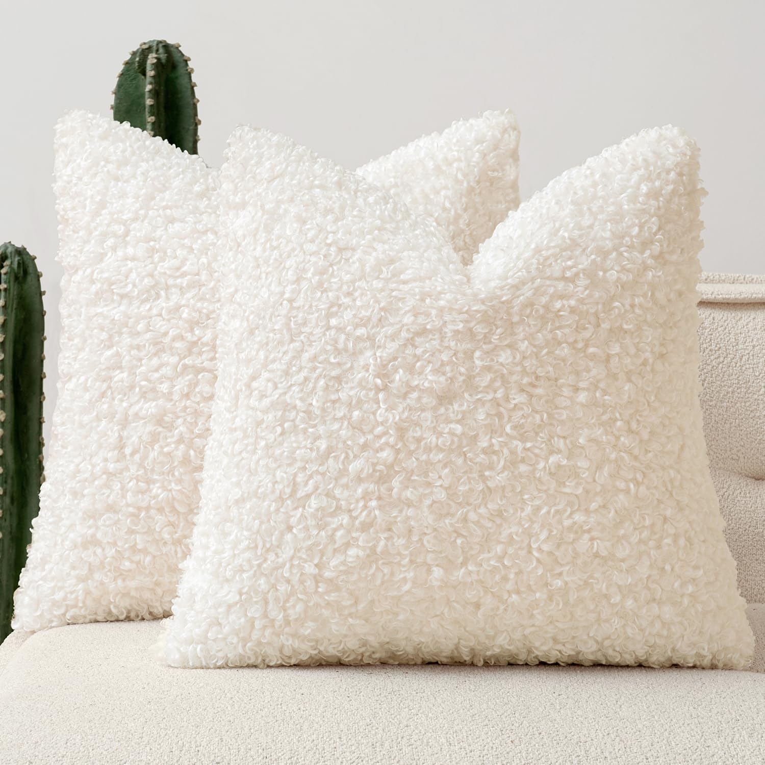 Faux Fur Throw Pillow Covers 20x20 Inch Set of 2 Boucle Neutral Decorative Sherpa Fuzzy Accent Soft Sheepskin Fleece Cushions Modern Home Decor for Couch Sofa Bedroom Living Room,Oatmeal