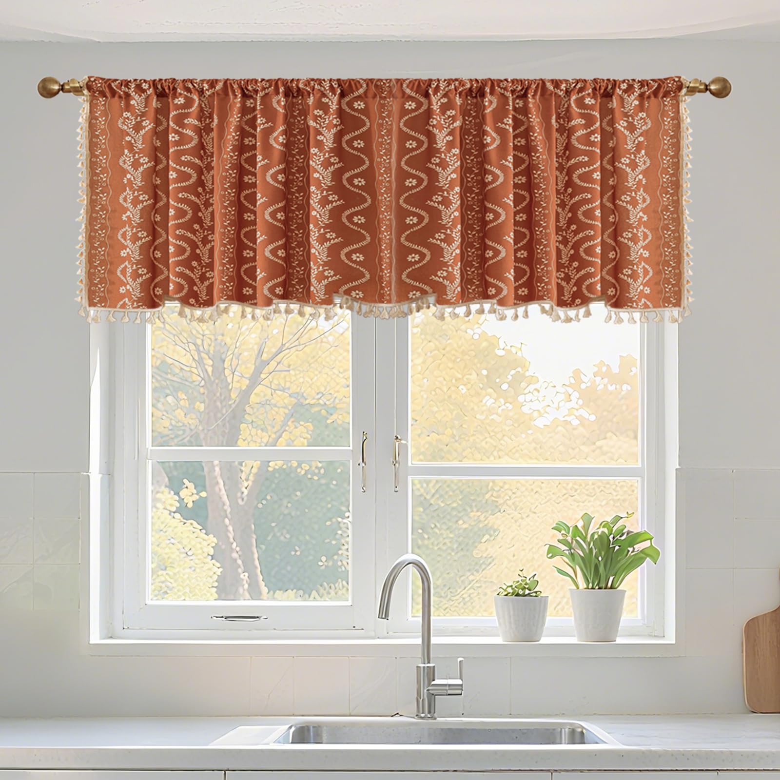 Burnt Orange Curtains for Living Room Patterned Farmhouse Curtains 2 Panels,Boho Linen Vintage Tassel Terracotta Floral Fall Window Curtain for Bedroom Dining Room Kitchen 84 Inch Long