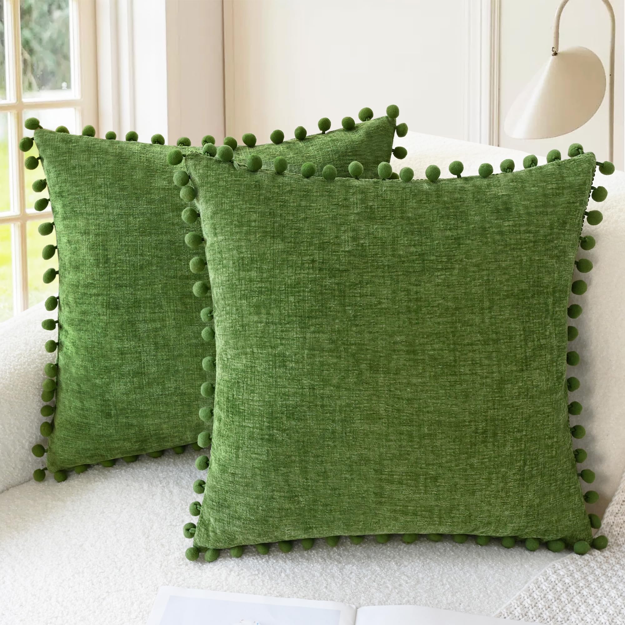 CaliTime Throw Pillow Covers Decorative 18 X 18 Inches Pack of 2 Cozy Solid Dyed Soft Chenille Cushion Cases with Pom Poms for Couch Sofa Bed Living Room Home Living Coral