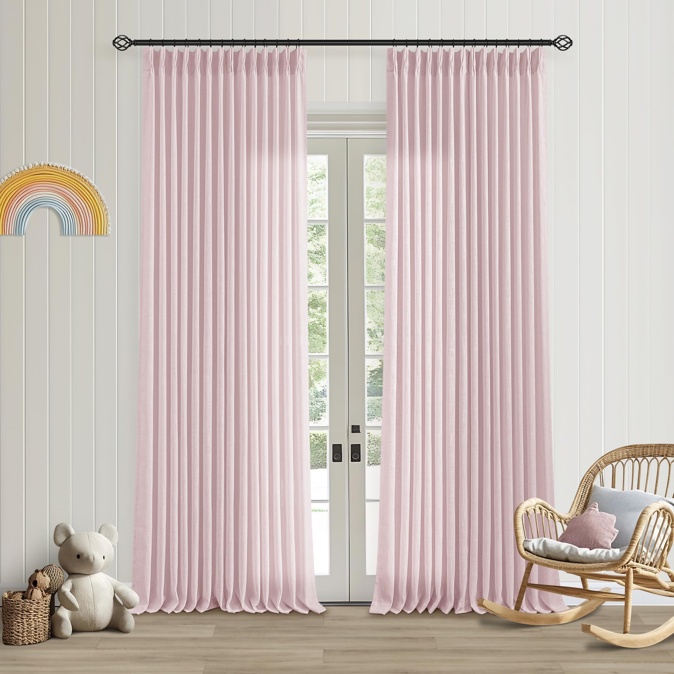 Natural Pinch Pleated Linen Curtains 84 Inch Length 2 Panels for Living Room Bedroom Textured Cream Ivory Birch Semi Sheer Boho Neutral Back Tab Pinch Pleat Hooks Rings Window Curtain 84 Inches Long