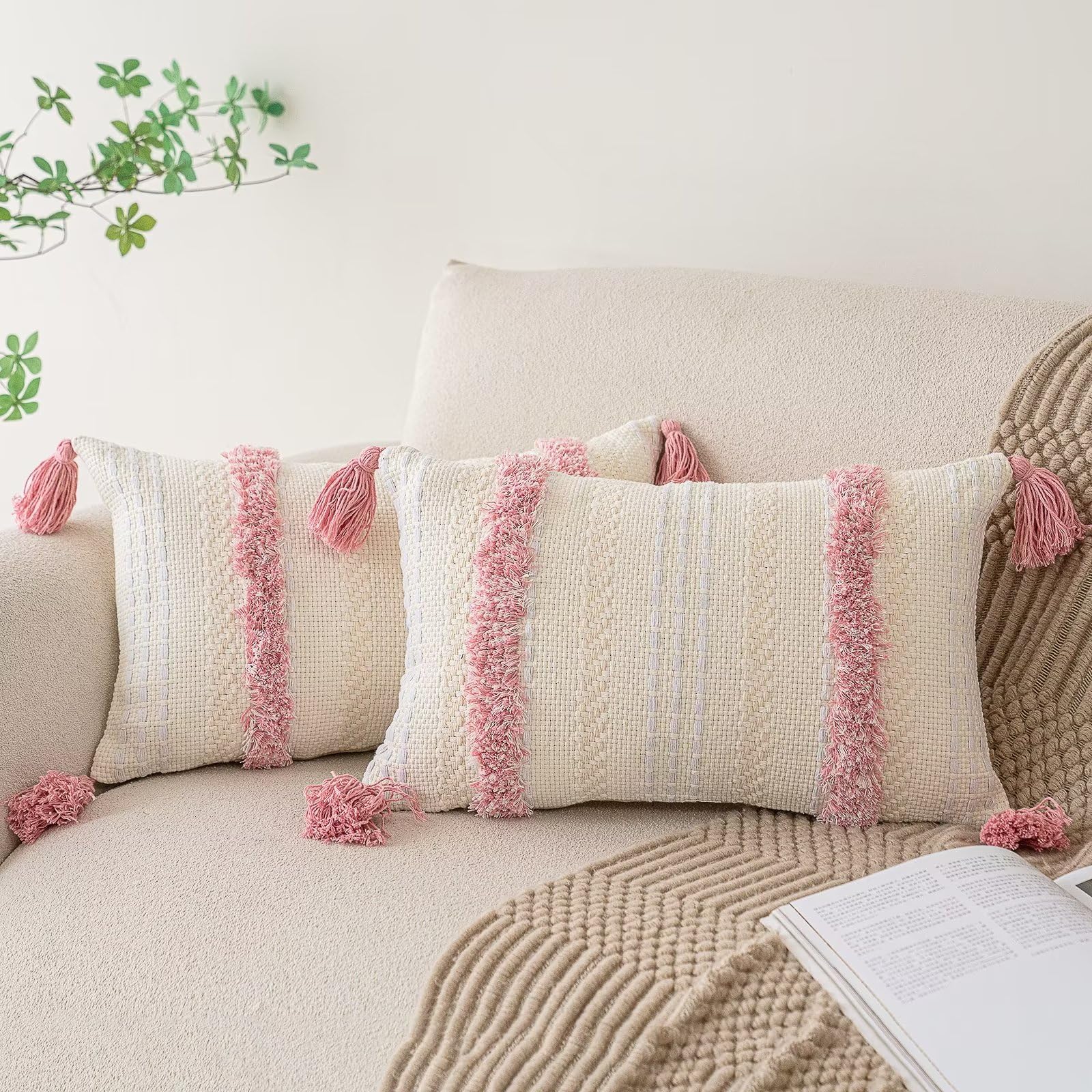 Boho Throw Pillow Covers 18x18 Set of 2 Woven Tufted Farmhouse Pillows Cover with Tassels Textured Striped Cushion Case Neutral Pillow Cases Decorative Pillowcase for Sofa, Couch, Bed, Khaki
