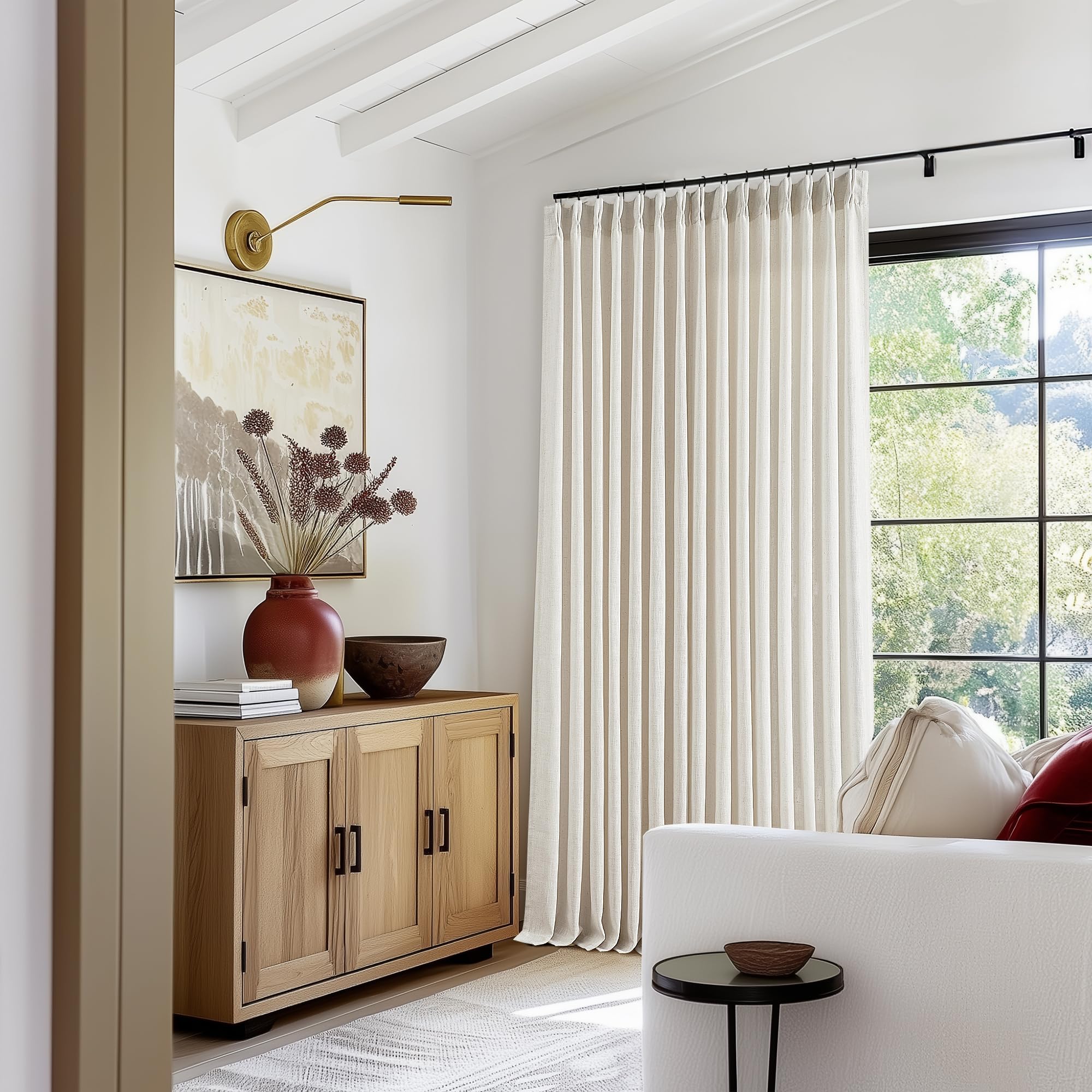 Natural Pinch Pleated Linen Curtains 84 Inch Length 2 Panels for Living Room Bedroom Textured Cream Ivory Birch Semi Sheer Boho Neutral Back Tab Pinch Pleat Hooks Rings Window Curtain 84 Inches Long