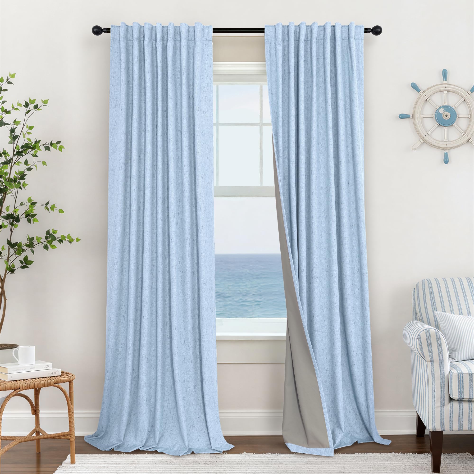 100% Blackout Curtains 84 Inch Length 2 Panels Set Neutral Boho Linen Farmhouse for Bedroom Windows Living Room Darkening Thermal Insulated Drapes Natural Cream Ivory 7ft Long Back Tab Pleated Pocket